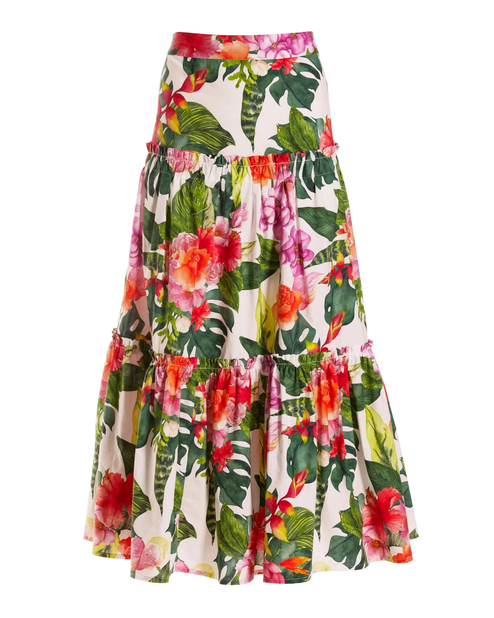 Tropical Oasis Tiered Poplin Midi Skirt Pink/Green - Mycitystee