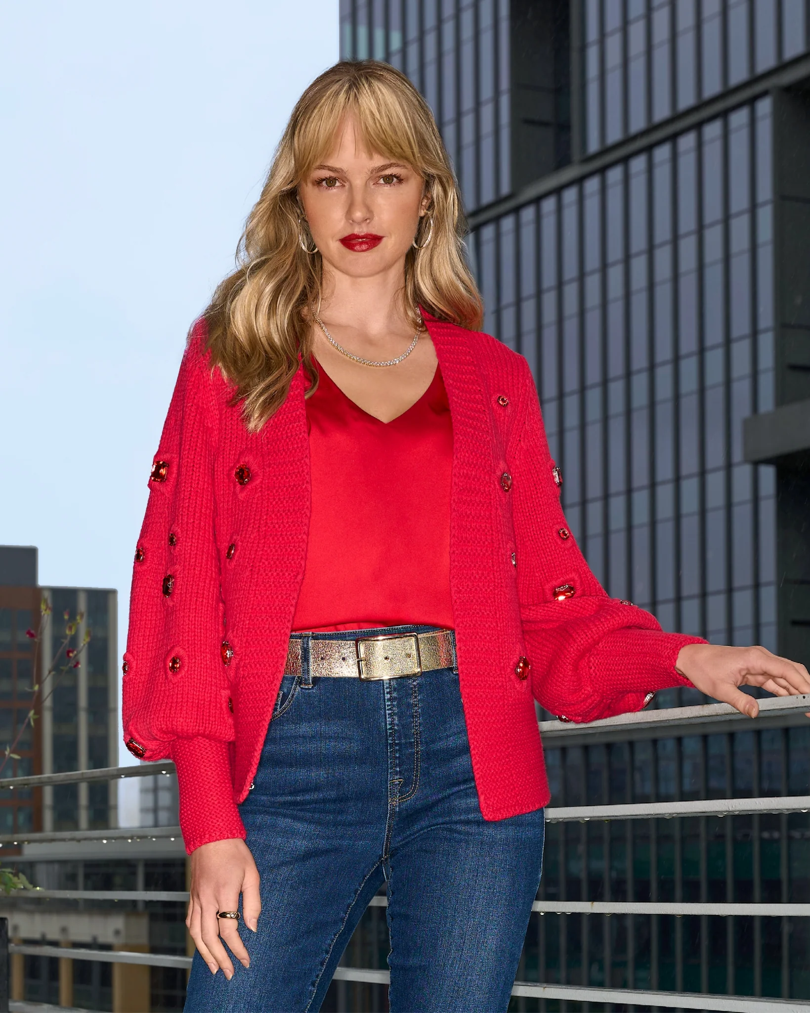 Gem Embellished Cardigan Racing Red - Mycitystee