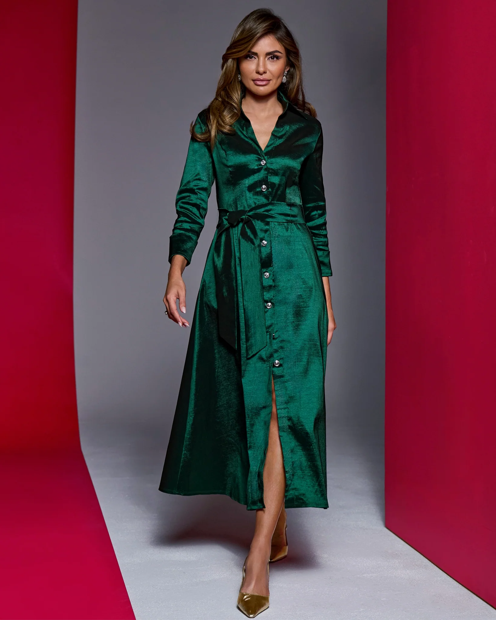 Taffeta Three Quarter Sleeve Button Up Shirt Dress Emerald - Mycitystee