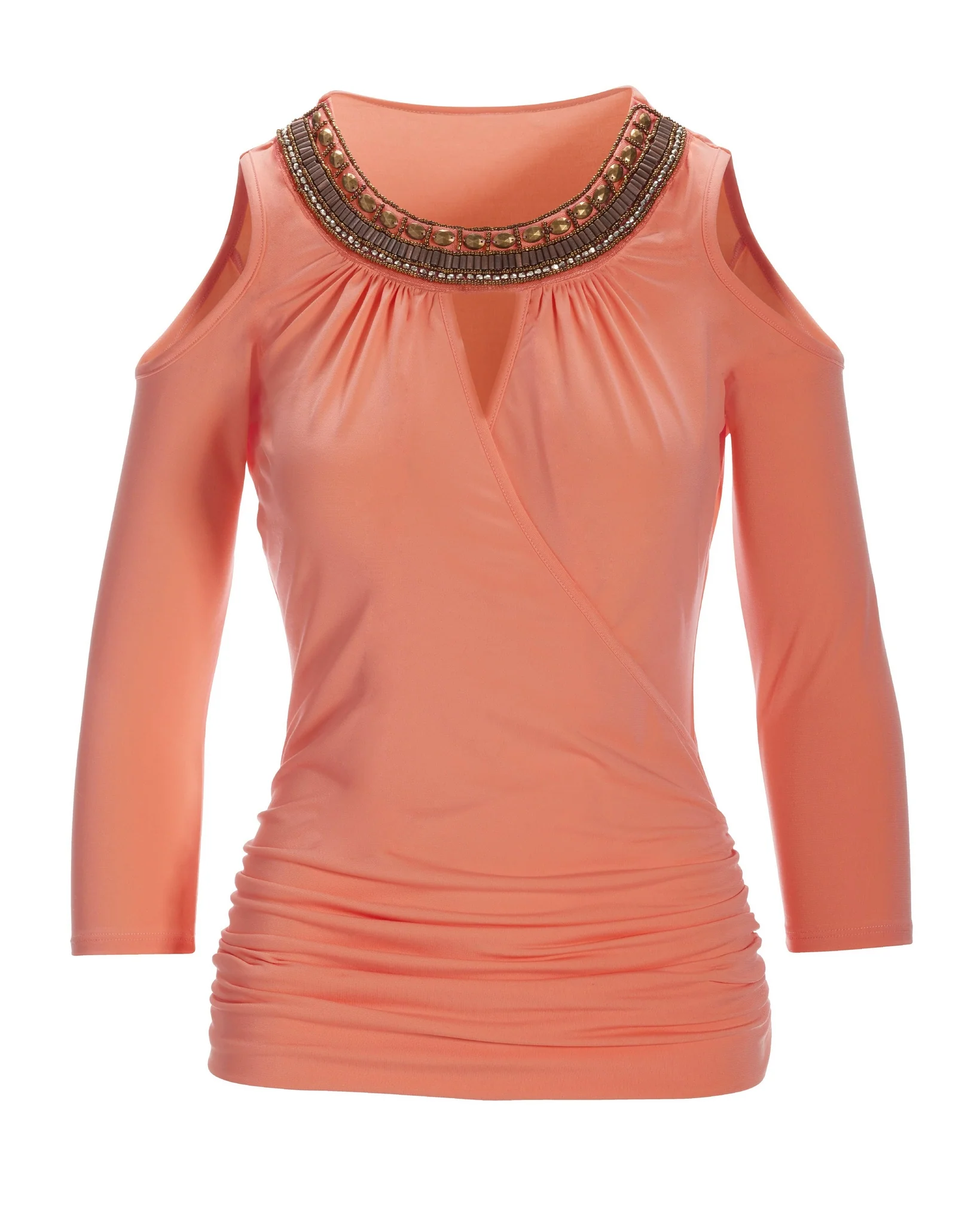 Embellished Trim Surplice Cold Shoulder Top Desert Flower - Mycitystee