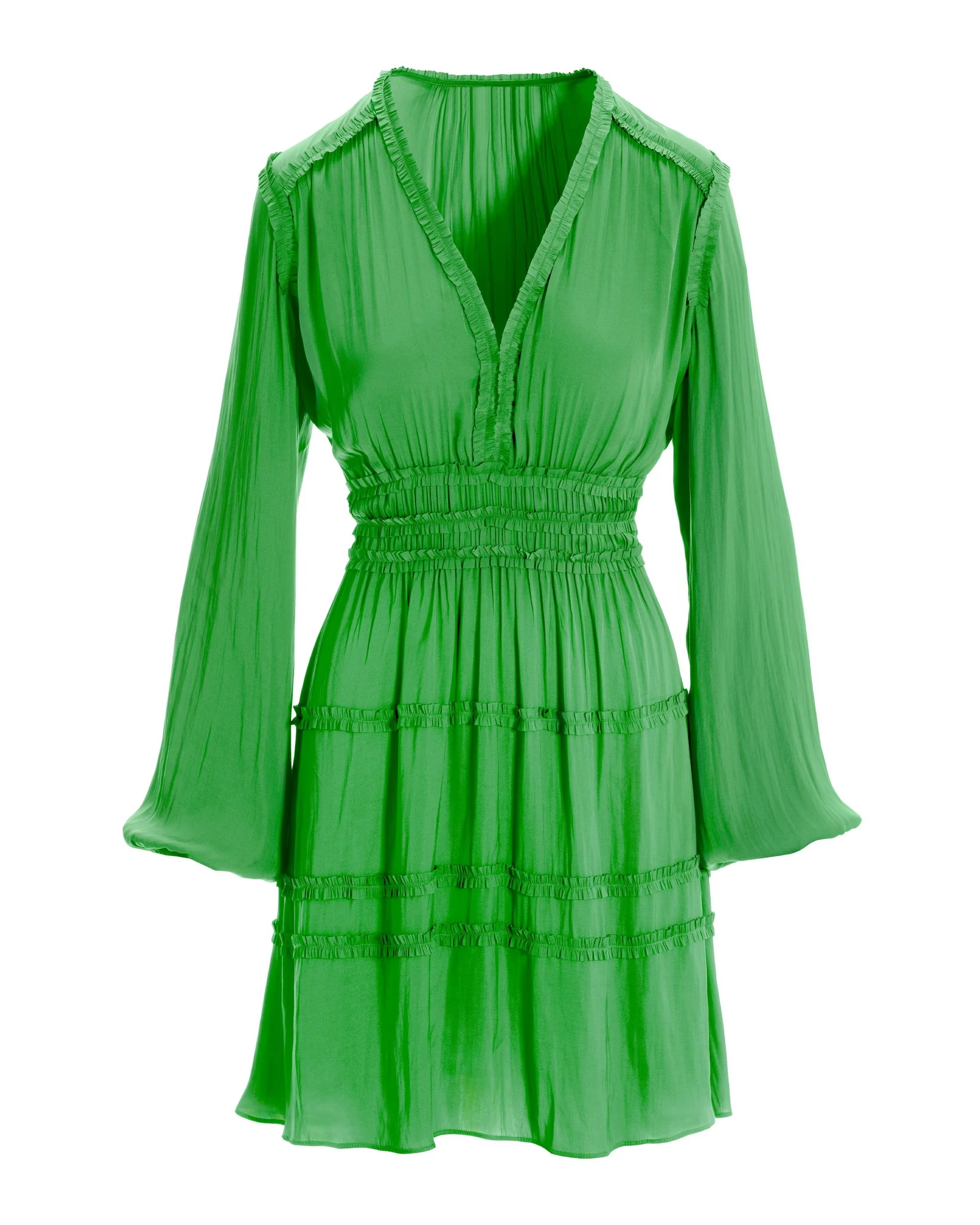 Long-Sleeve Ruffle-Trim Charmeuse Dress Green - Mycitystee