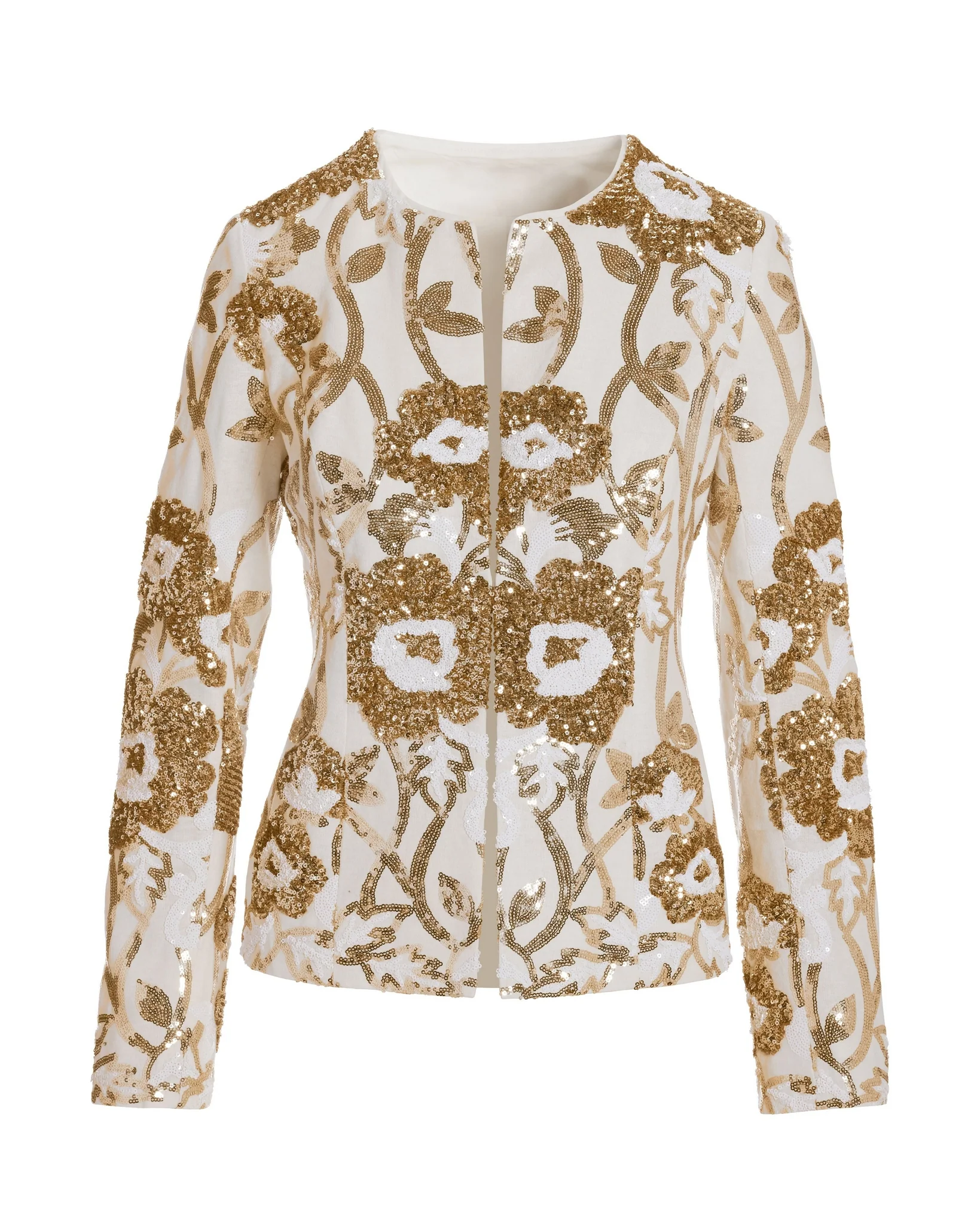 Floral Sequin Embellished Linen Jacket White Multi - Mycitystee