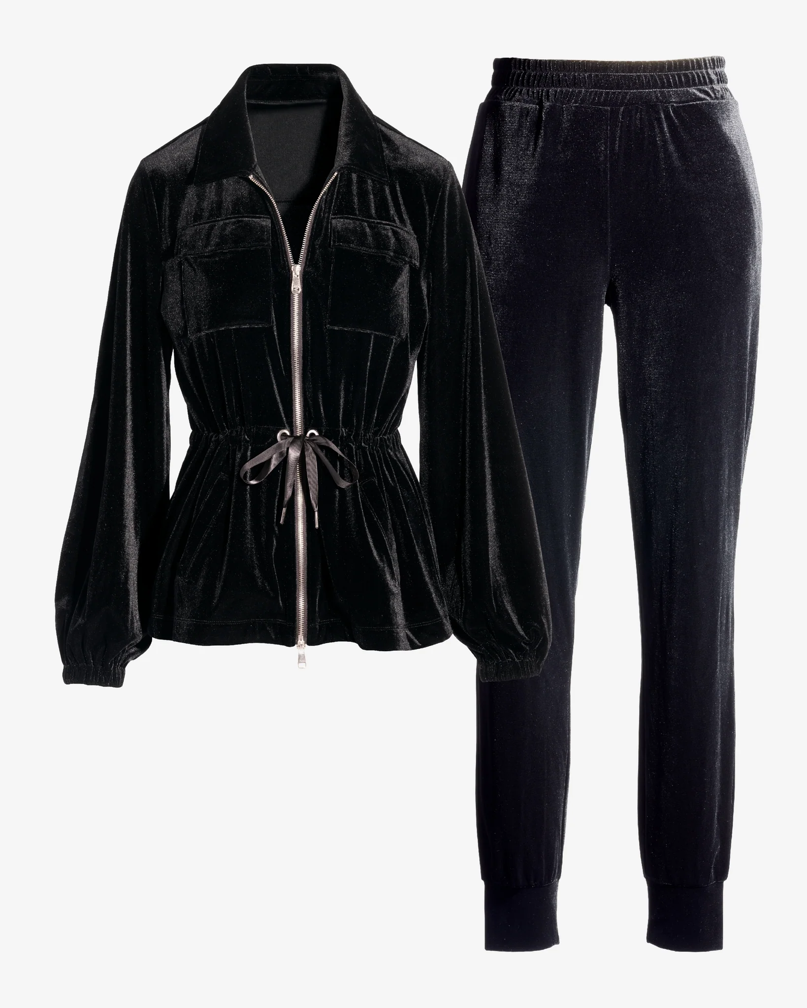 Chic Velour Drawstring Jacket and Jogger Set Black - Mycitystee
