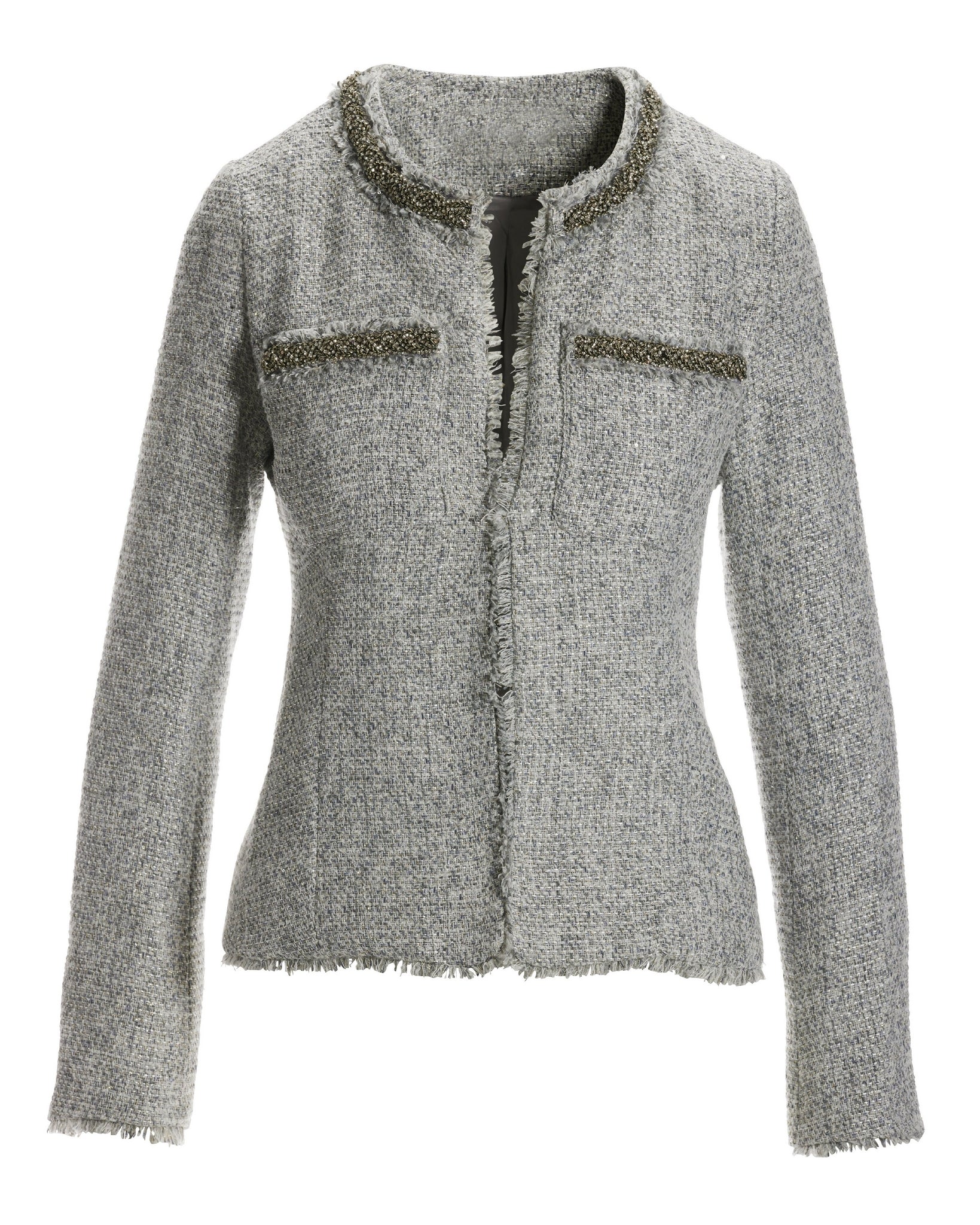 Crystal Trim Collarless Tweed Jacket Gray - Mycitystee
