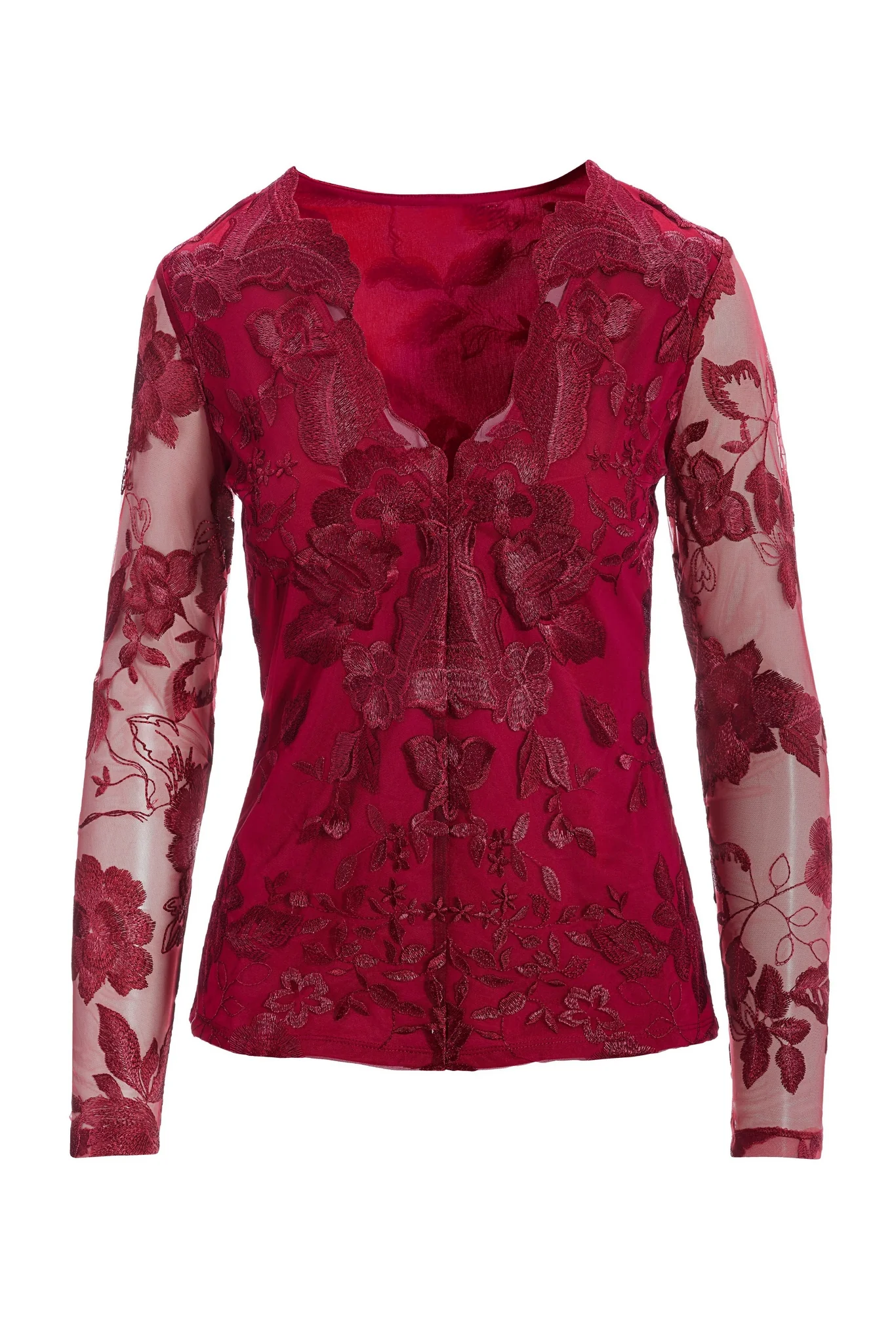 Scallop Embroidered Lace Illusion Top Red - Mycitystee