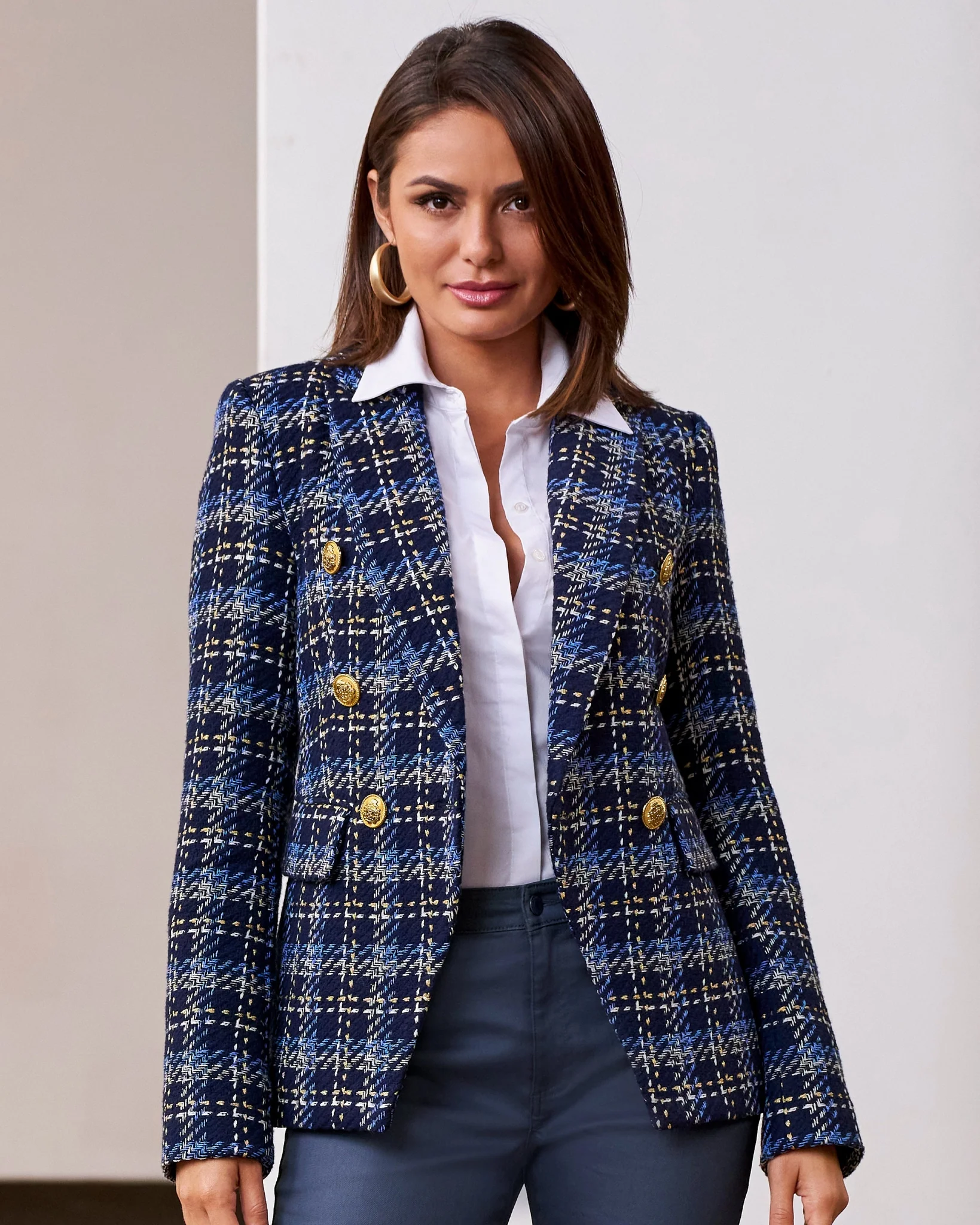 Plaid Tweed Double Breasted Blazer Blue Multi - Mycitystee