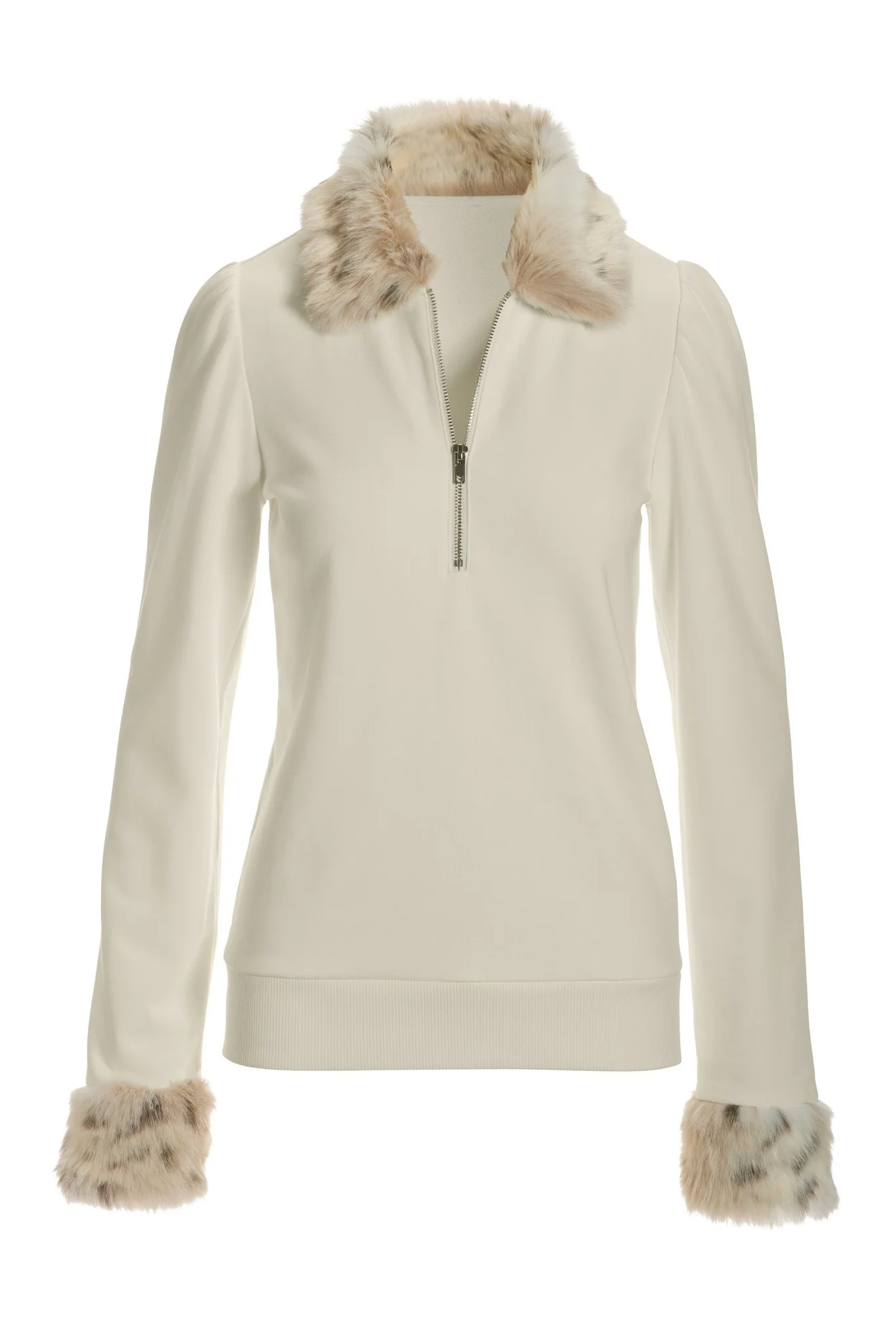 Snow Leopard Half-Zip Puff-Sleeve Sweatshirt Off White - Mycitystee