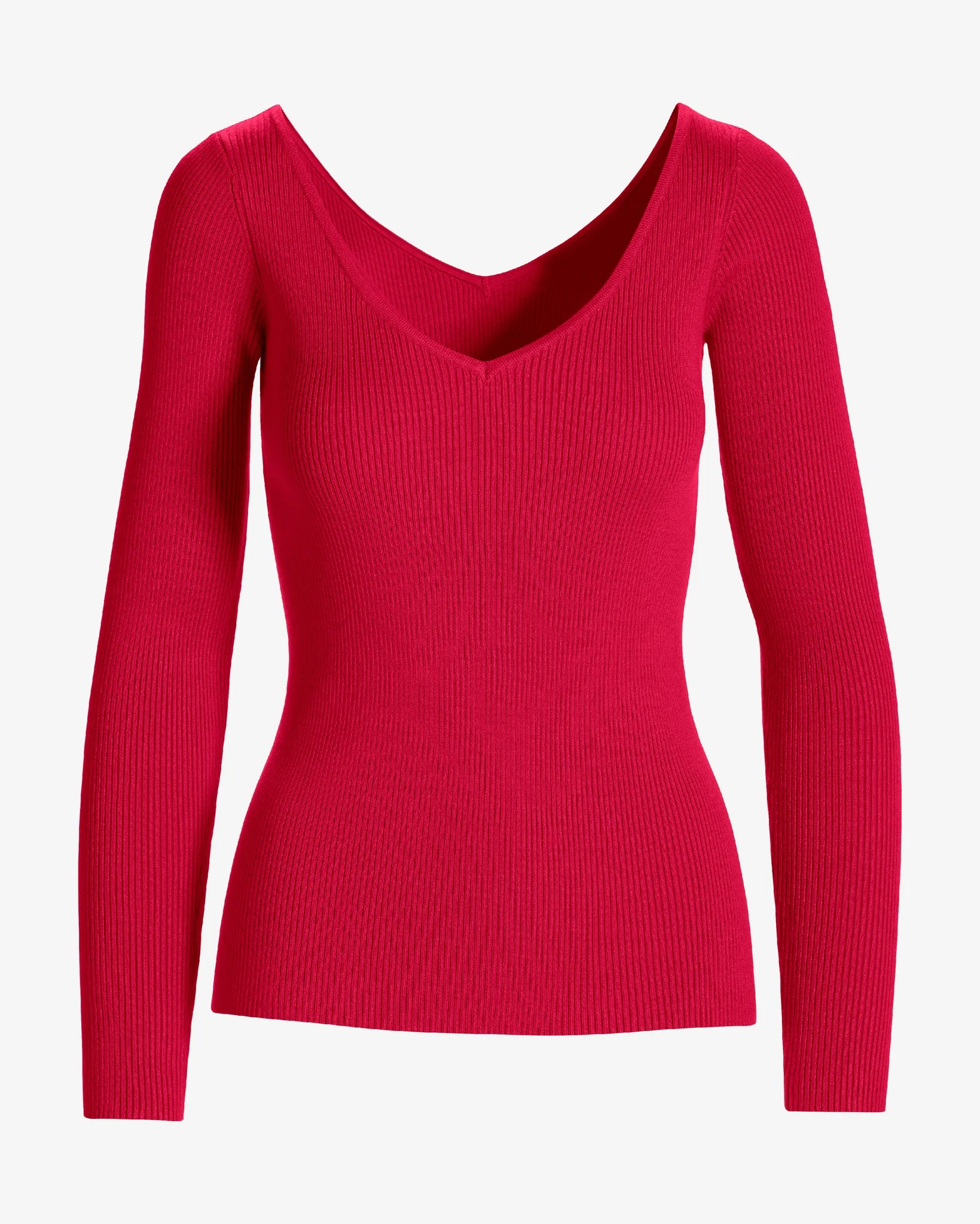 Ribbed Double-V Long Sleeve Sweater Lipstick Red - Mycitystee