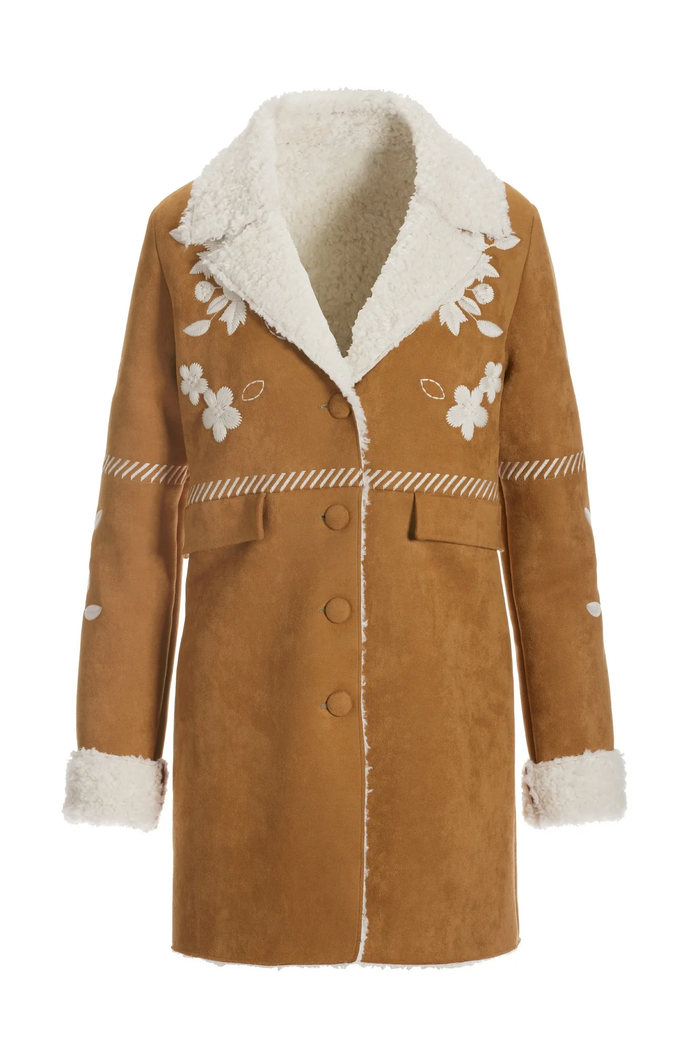 Faux Suede Shearling Embroidered Coat Camel - Mycitystee