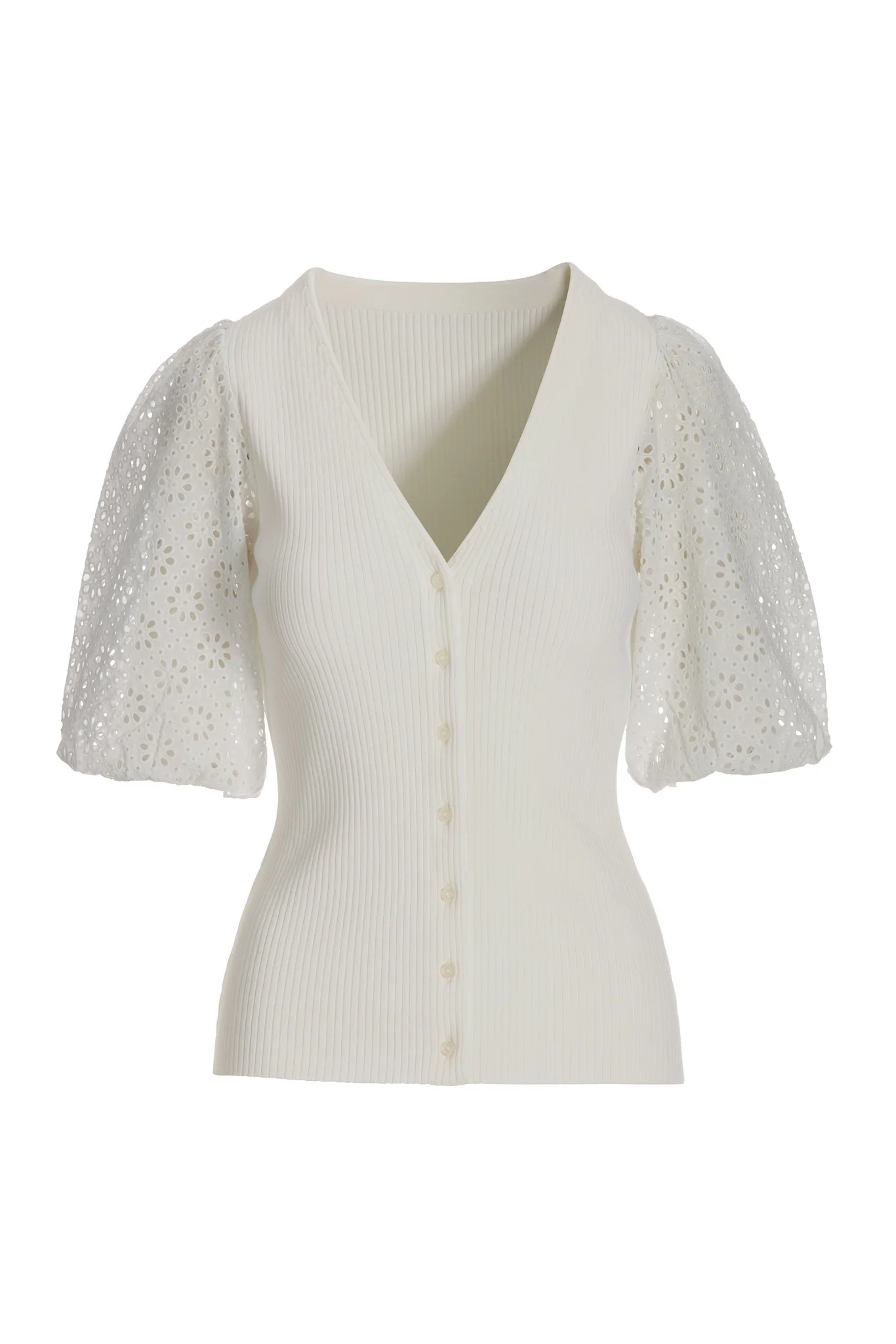 Eyelet Puff Sleeve Cardigan Off White - Mycitystee