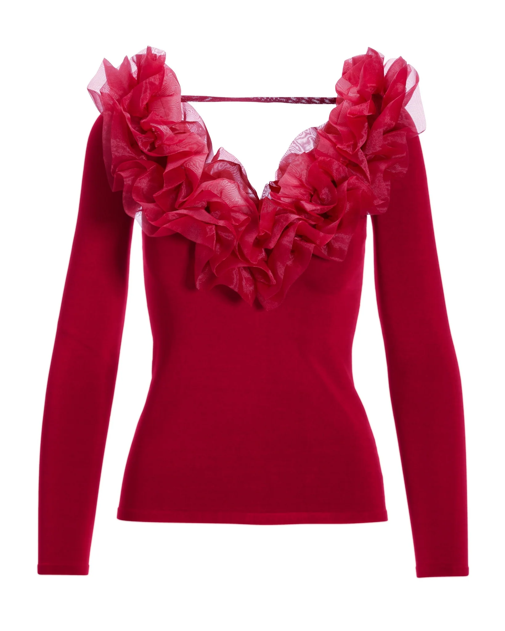 Organza Ruffle V Neck Sweater Jester Red - Mycitystee