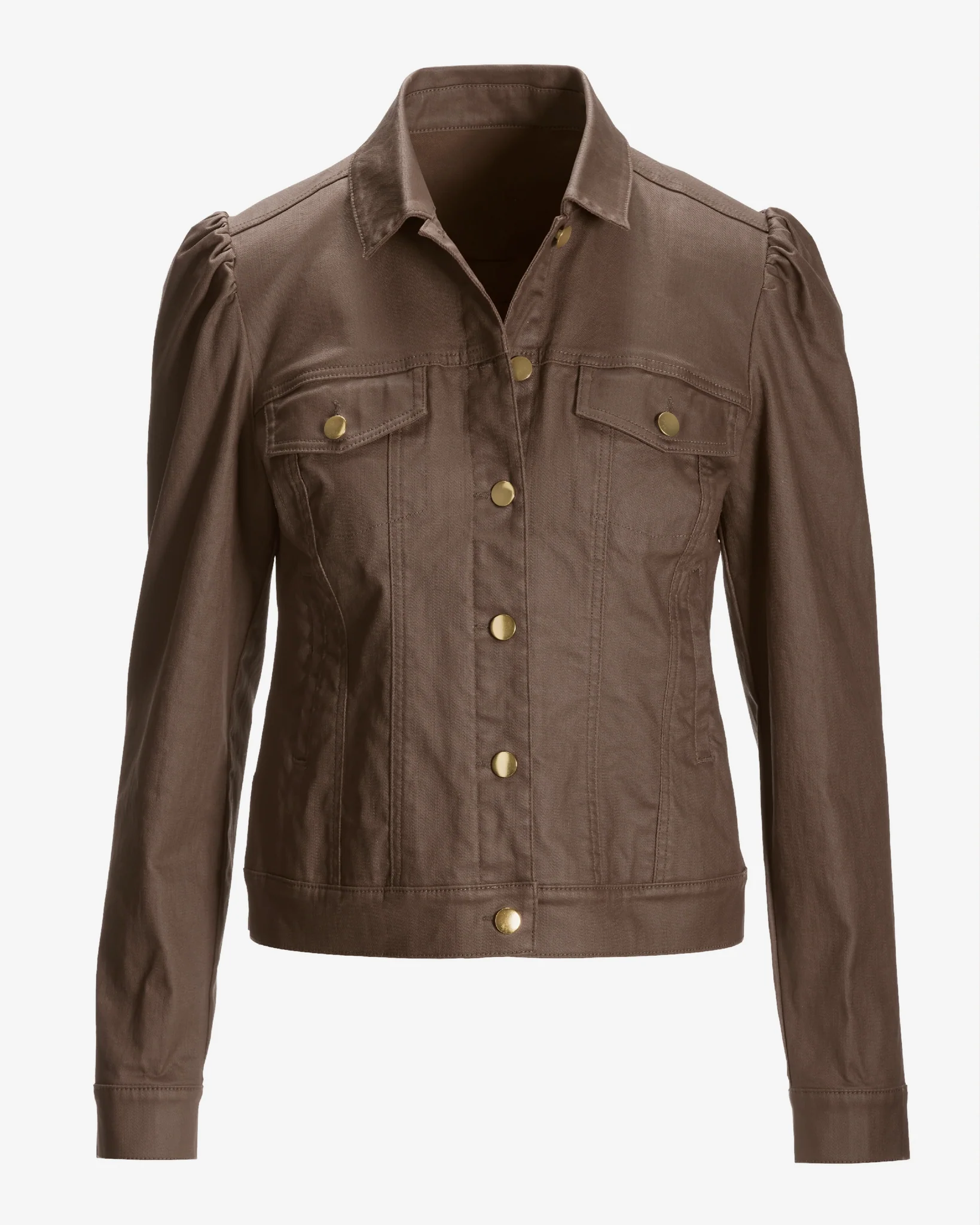Coated Denim Puff Sleeve Jacket Safari Brown - Mycitystee