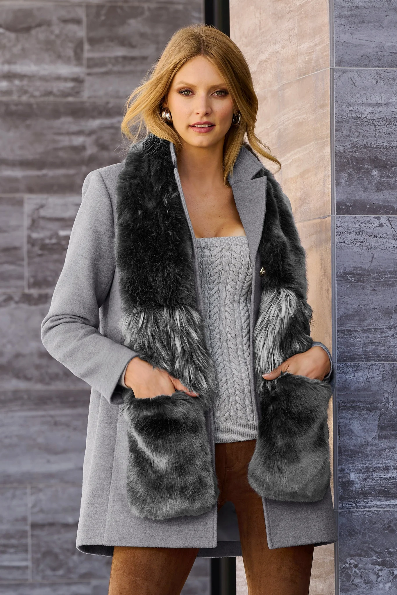 Faux Fur Scarf With Hand Warmers Graphite Mink - Mycitystee