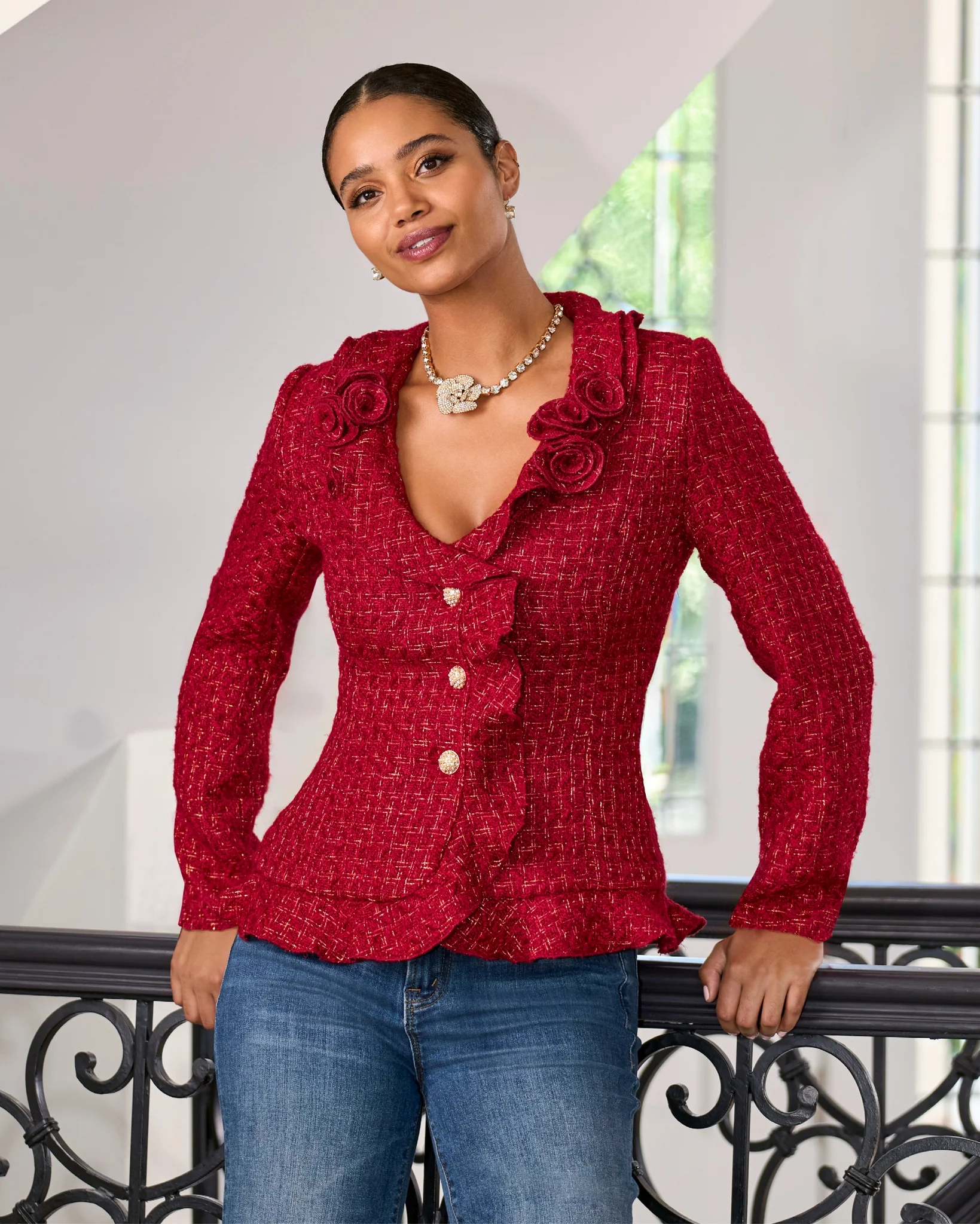 Rosette Ruffle Tweed Jacket Red/Gold - Mycitystee