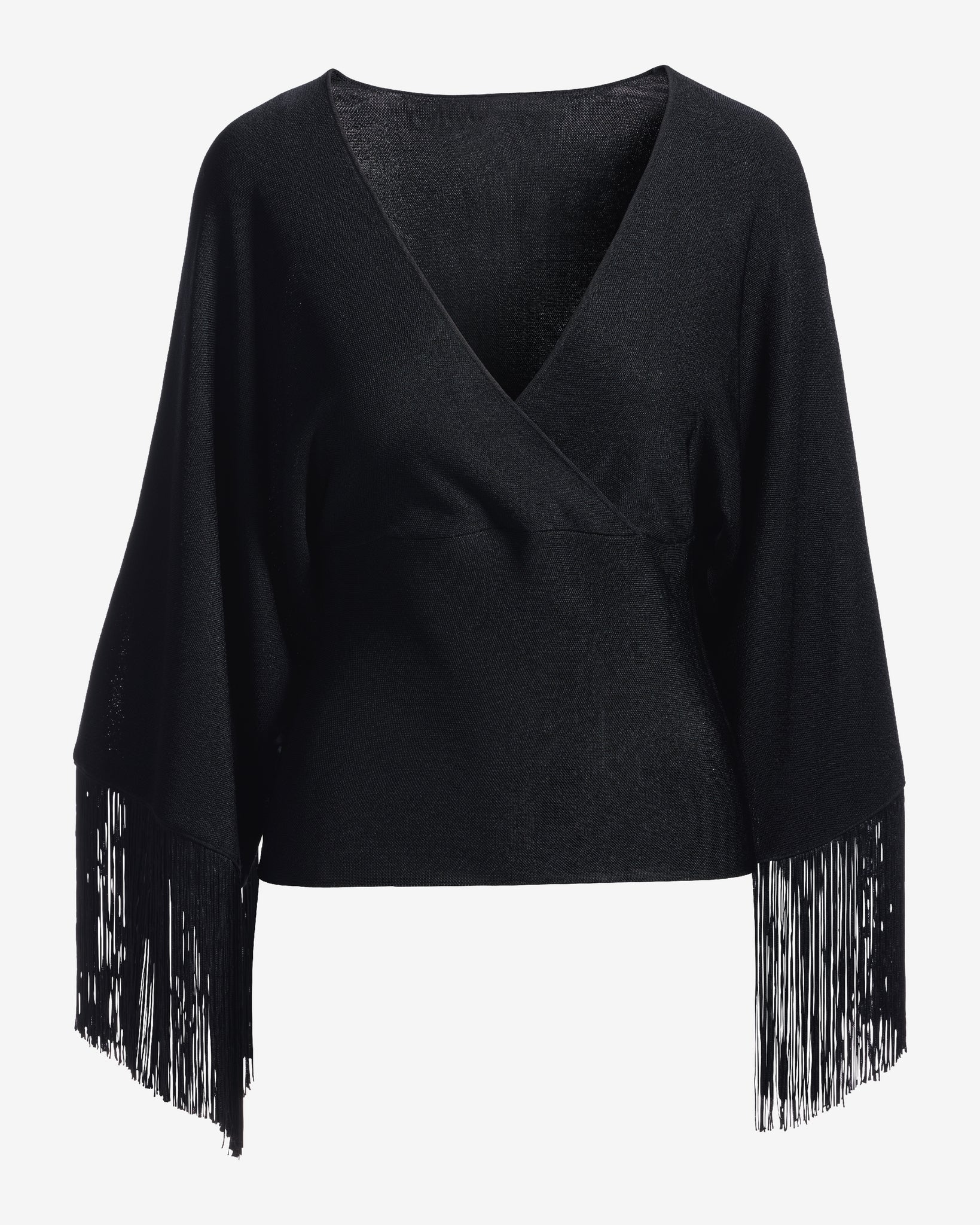 Surplice V-Neck Sleeve Fringe Sweater Top Black - Mycitystee