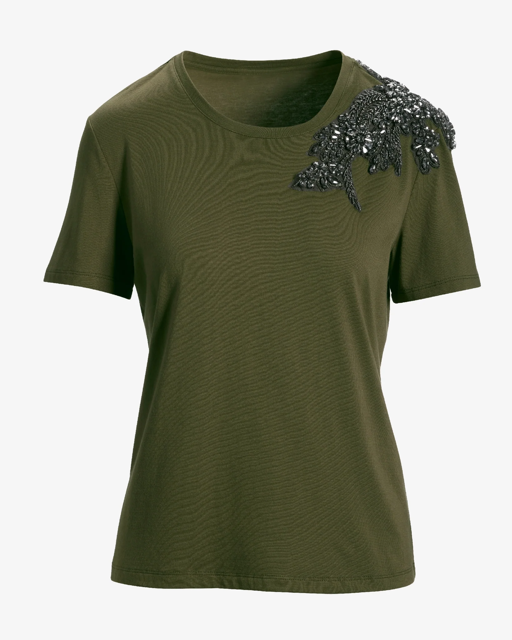 Floral Embellished Short Sleeve Tee Shirt Olive Night - Mycitystee