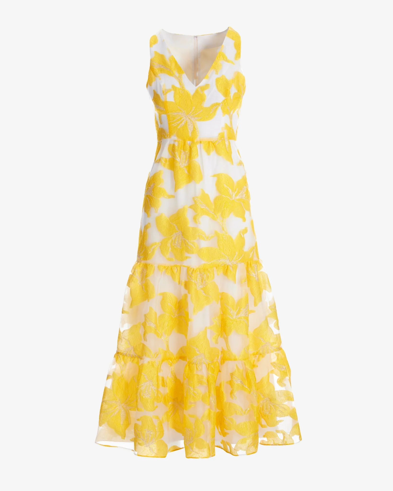 Exploded Metallic Floral Jacquard Organza Tiered Ankle Length Dress Yellow Multi - Mycitystee