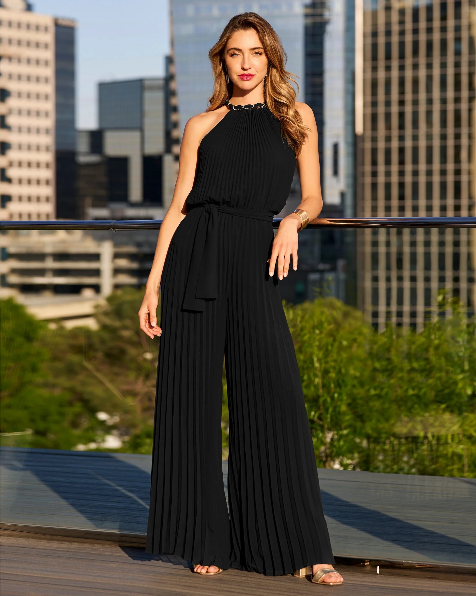 Chain Detail High Neck Pleated Jumpsuit Black - Mycitystee