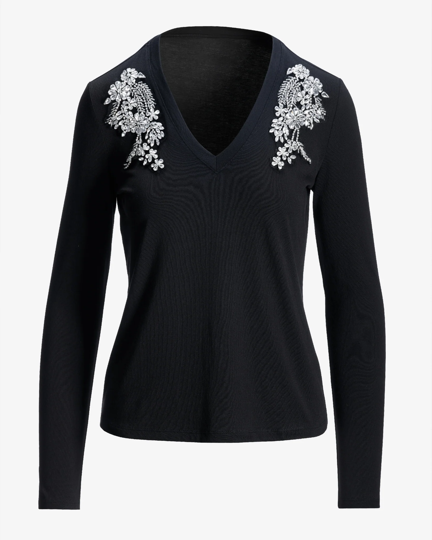 Rhinestone Long Sleeve V Neck Knit Top Proper Black - Mycitystee