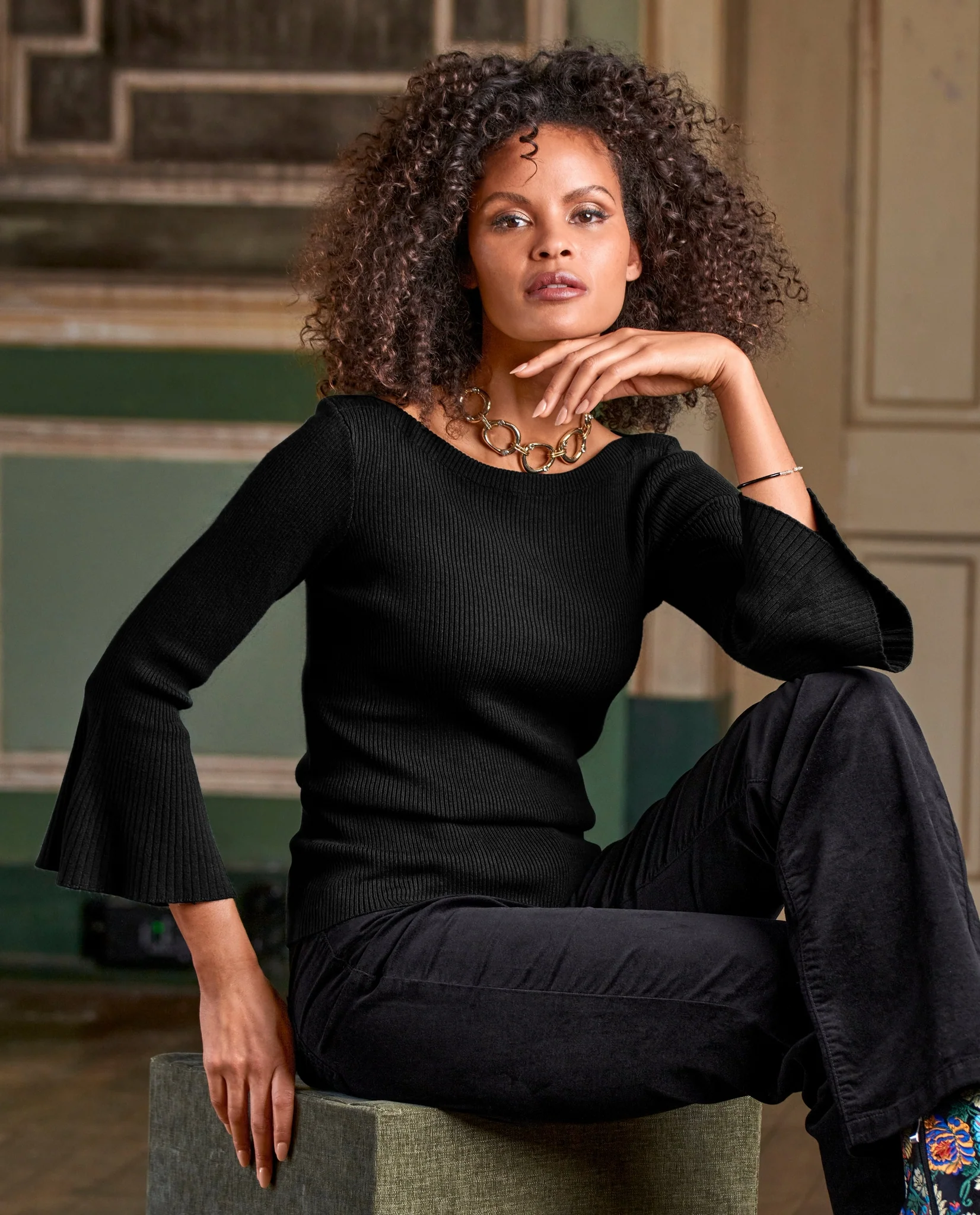 Ribbed Boatneck Flare Sleeve Sweater Black - Mycitystee