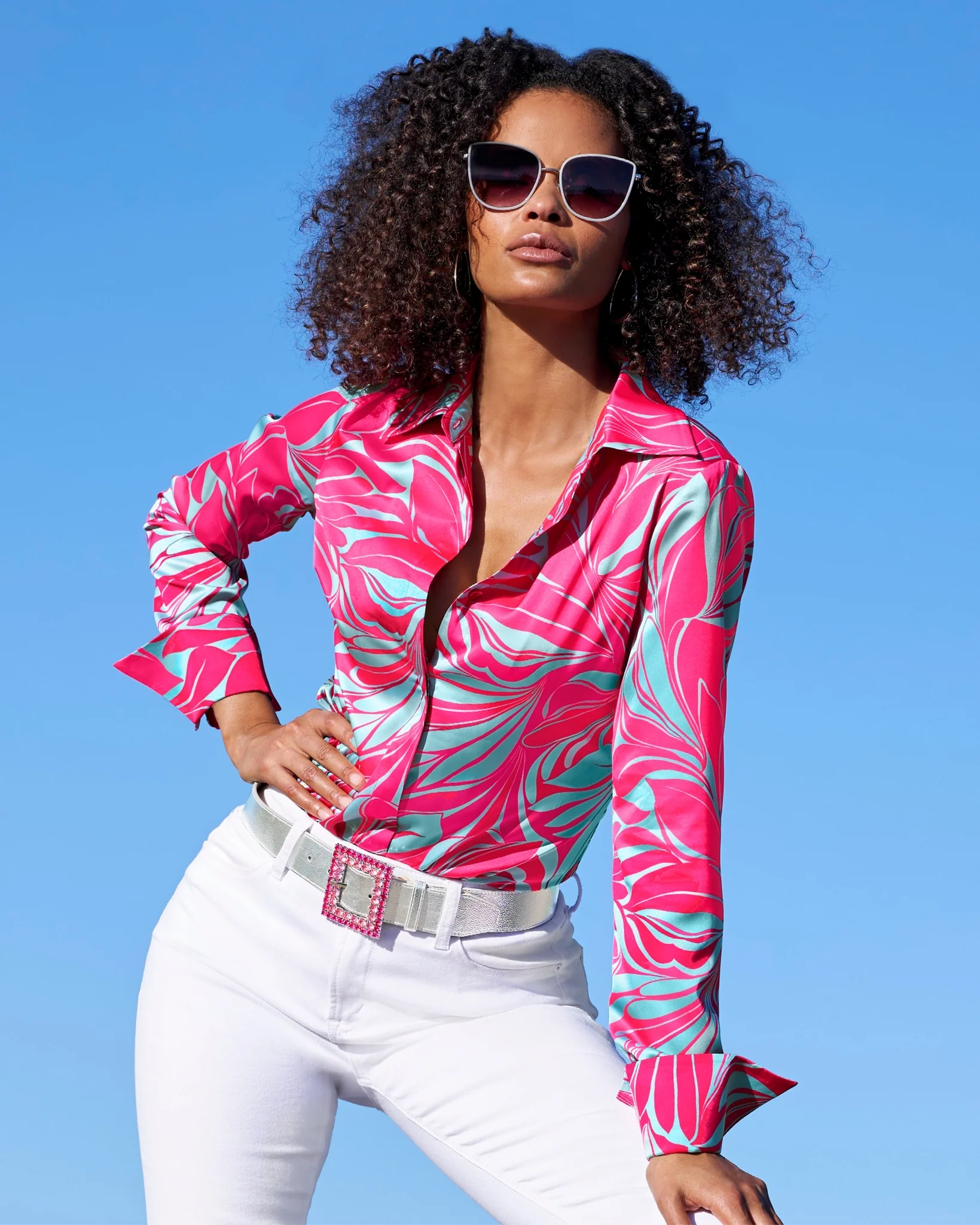 Sirena Abstract Print Sophia Button Up Charmeuse Blouse Blue/Pink - Mycitystee