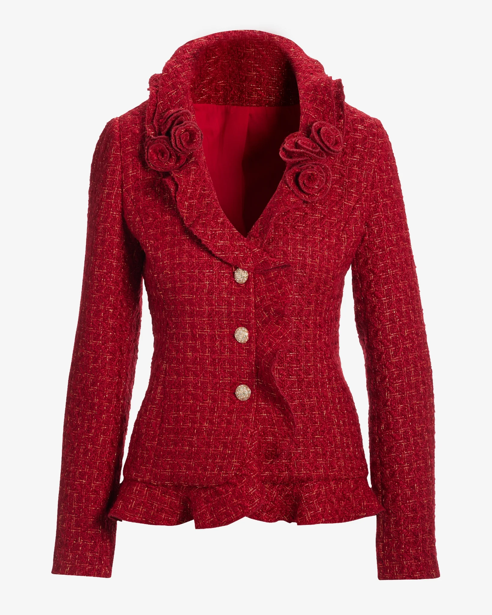 Rosette Ruffle Tweed Jacket Red/Gold - Mycitystee