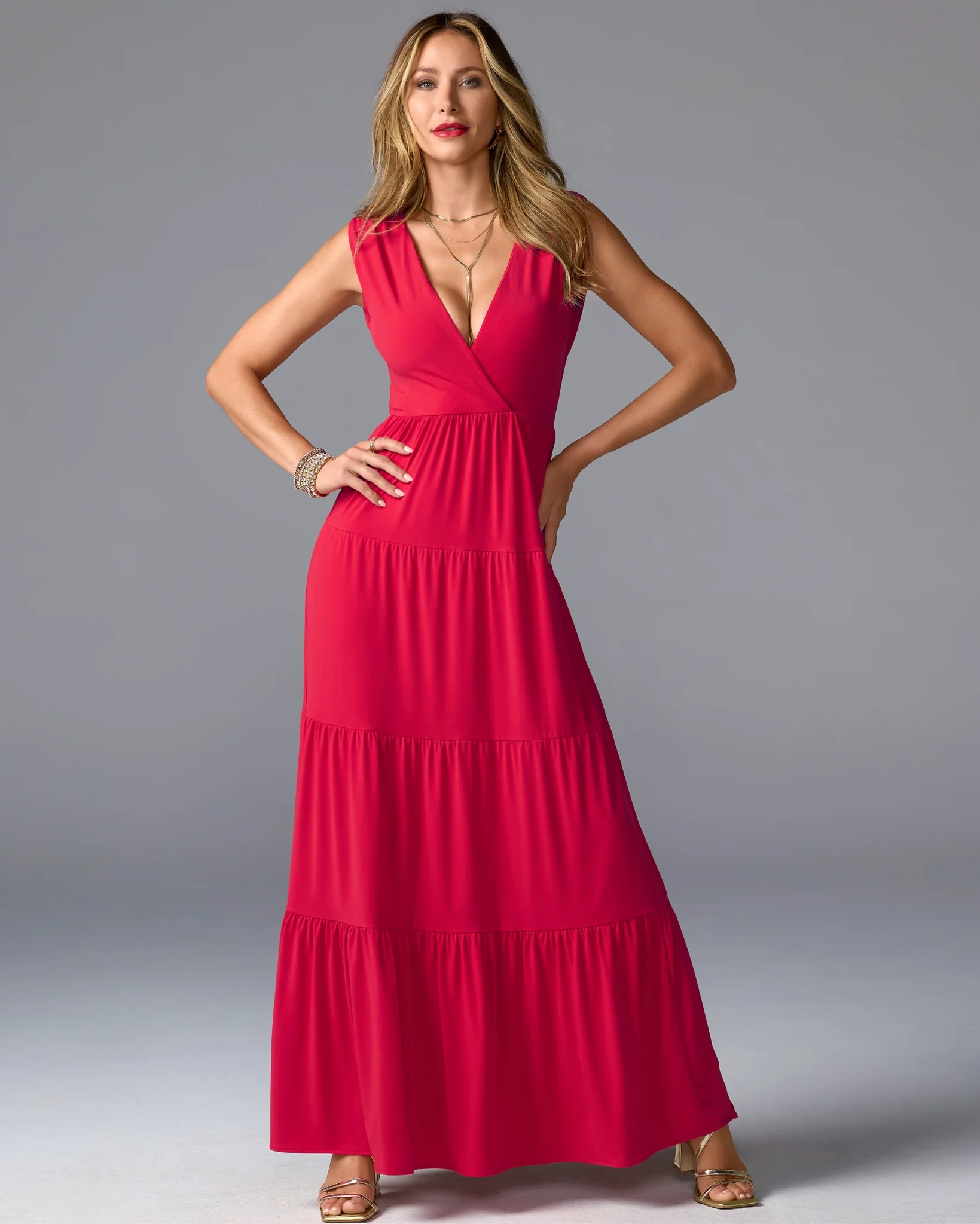 V Neck Tiered Knit Maxi Dress Rose Red - Mycitystee