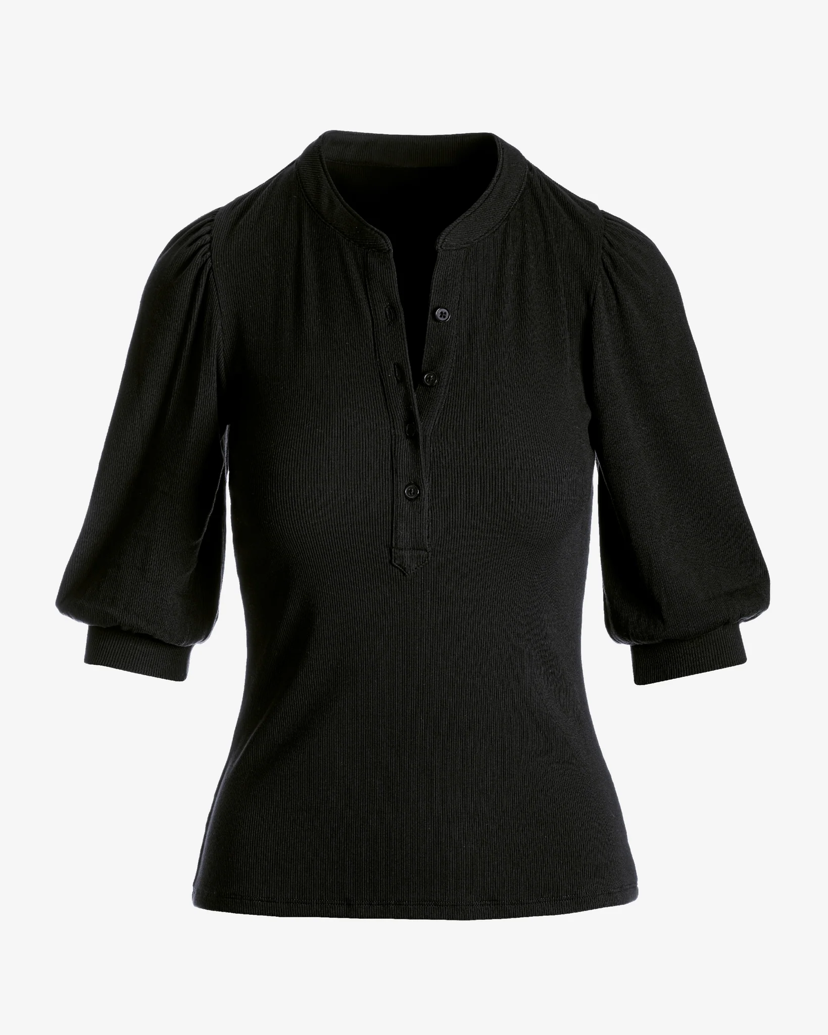 So Essential Ribbed Puff Sleeve Henley Top Proper Black - Mycitystee