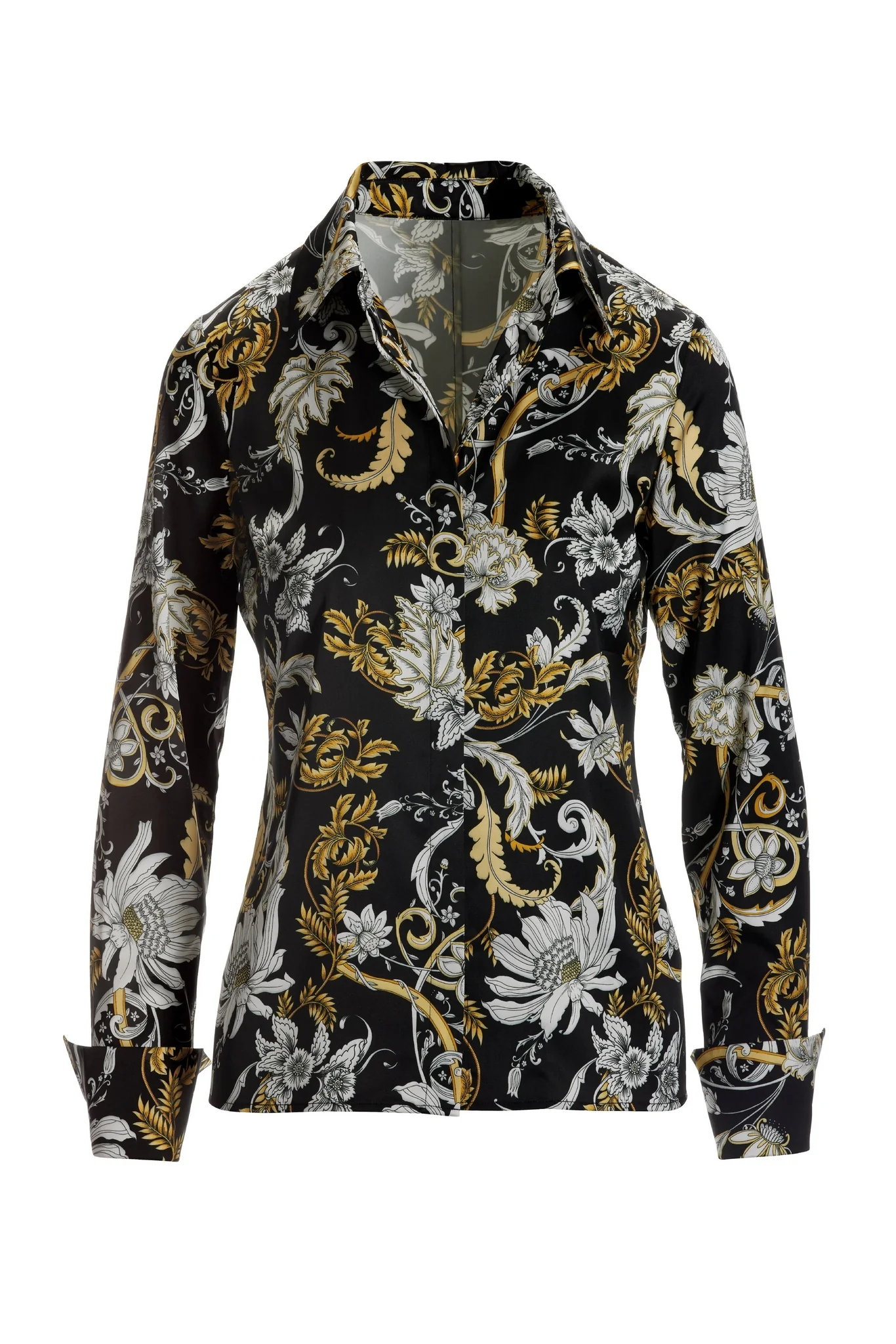 Romantic Status Print Sophia Button Up Charmeuse Blouse Black/Gold - Mycitystee