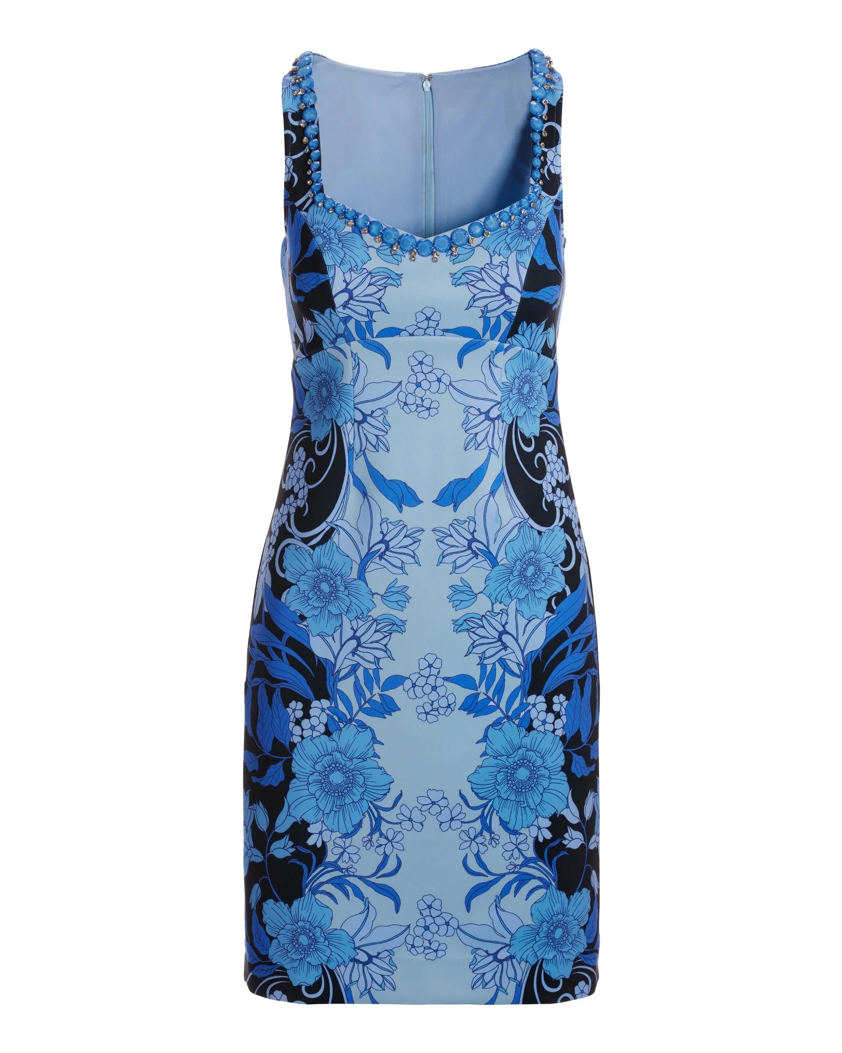 Sleeveless Embellished Floral Scuba Sheath Dress Blue Multi - Mycitystee