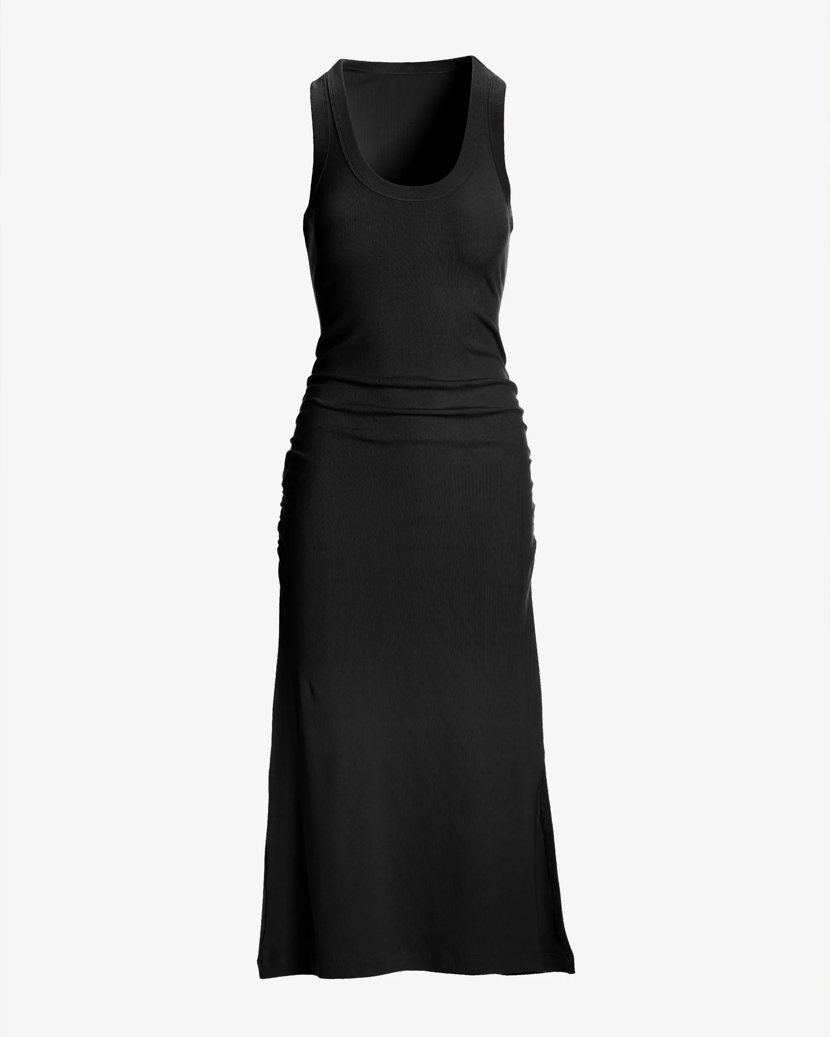 Scoop Neck Ruched Rib Knit Midi Dress Black - Mycitystee