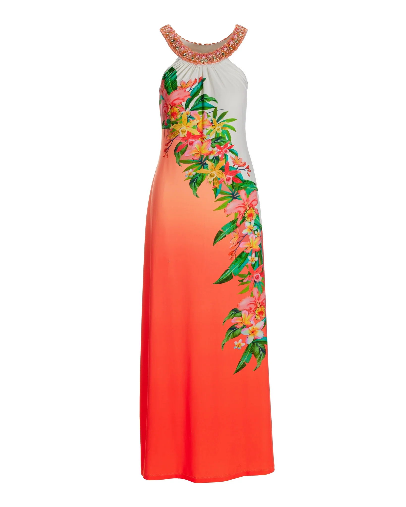 Getaway Floral Embellished Knit Maxi Dress Coral/Green - Mycitystee