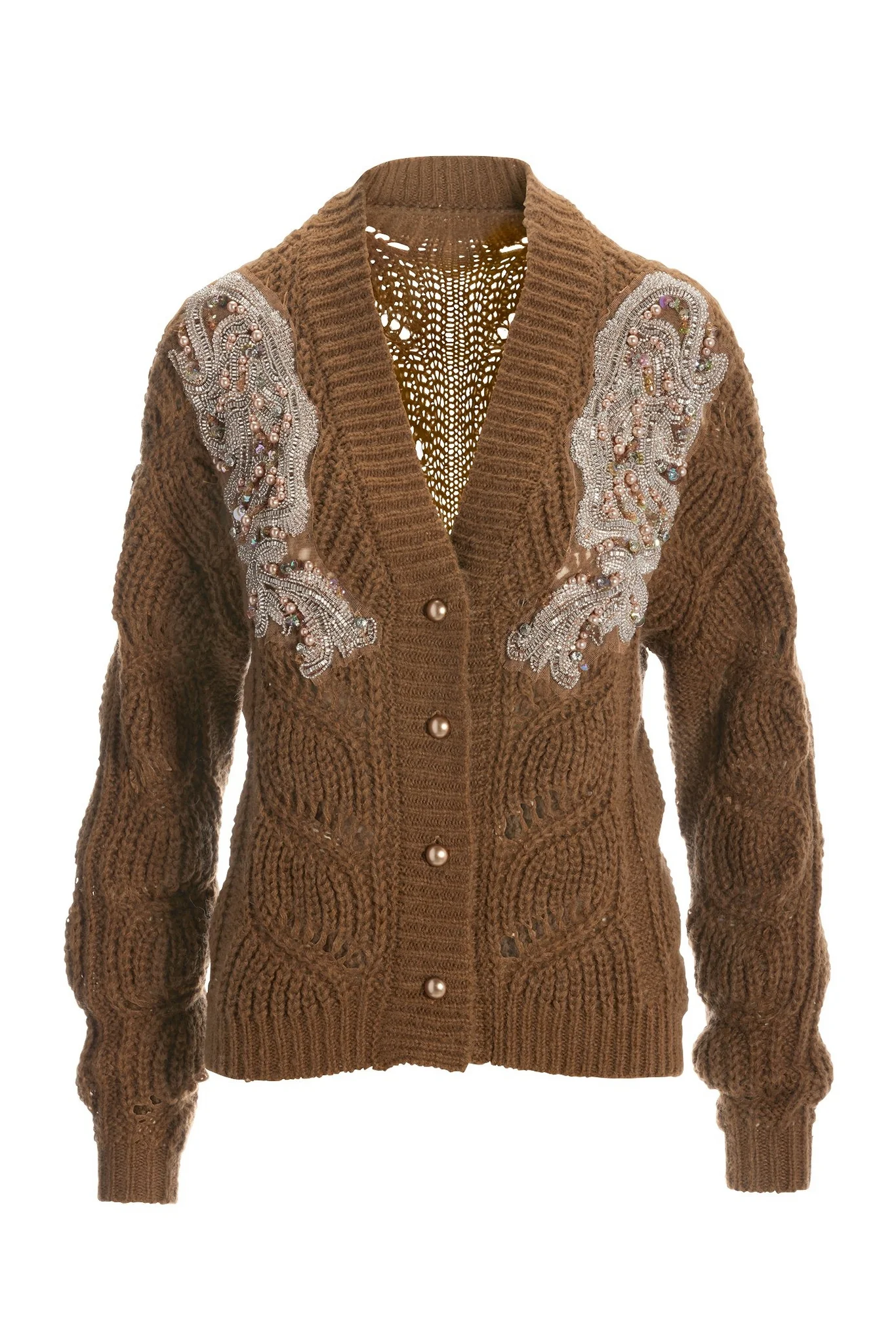 Embellished Open-Stitch Short Cardigan Sweater Brown - Mycitystee