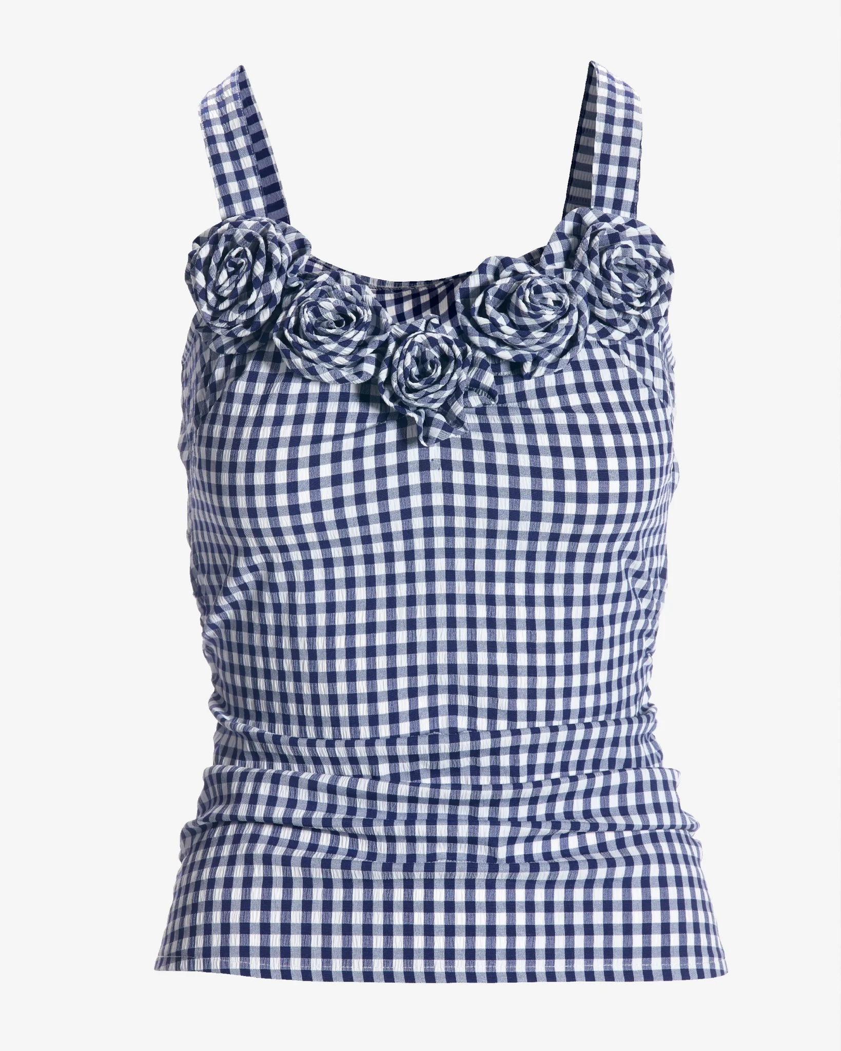 Gingham Sweetheart Rosette Neck Ruched Tank Blue White - Mycitystee