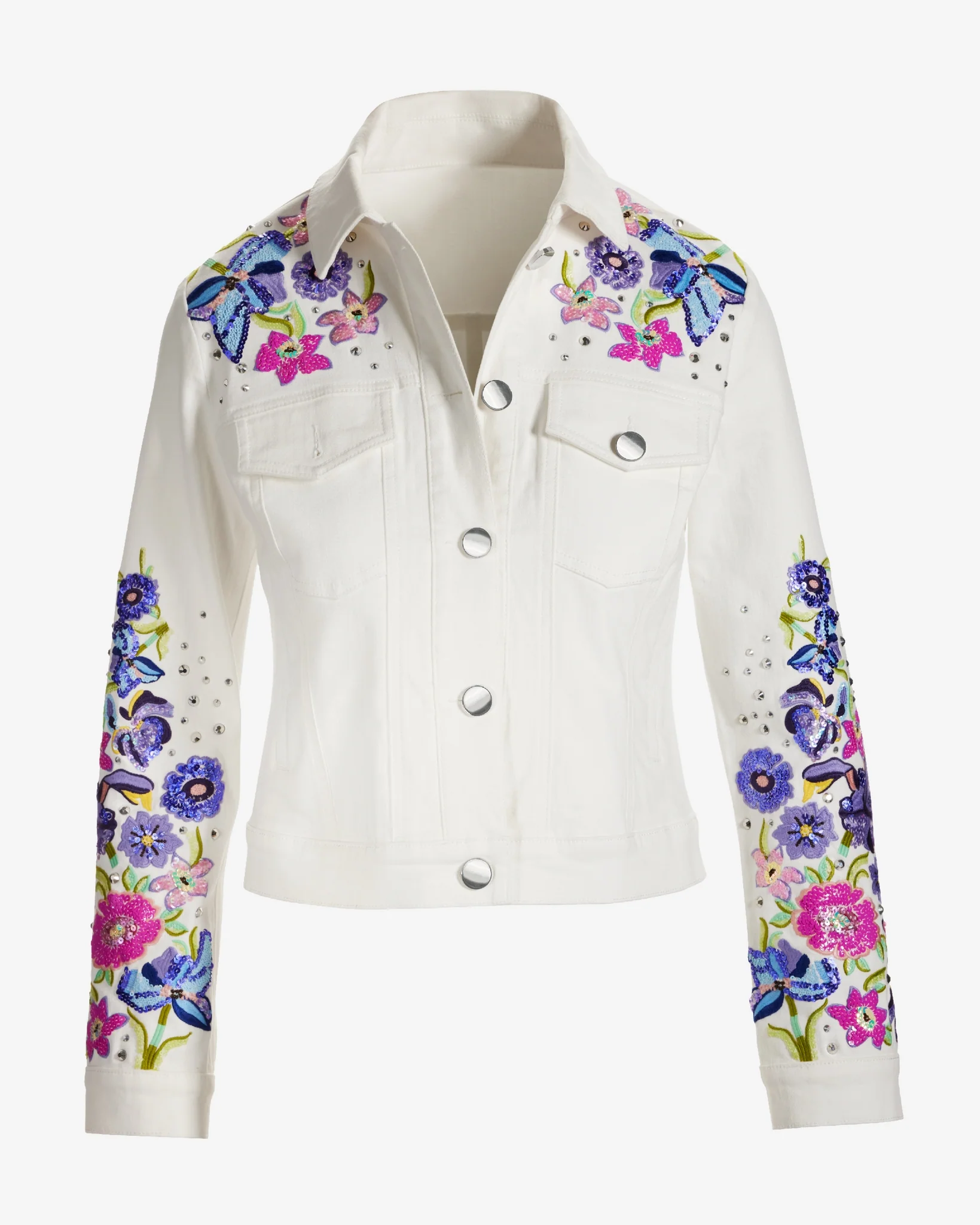 Floral Embroidered Denim Jacket White - Mycitystee