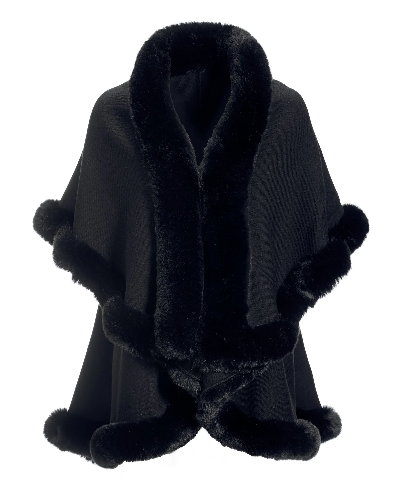 Tiered Faux Fur Trim Poncho Black - Mycitystee