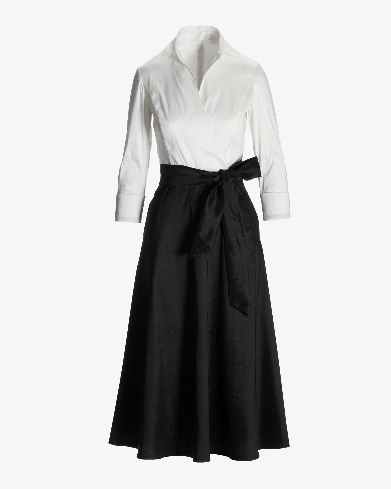 Three Quarter Sleeve Color Block Surplice Shirt Midi Dress Black/White - Mycitystee