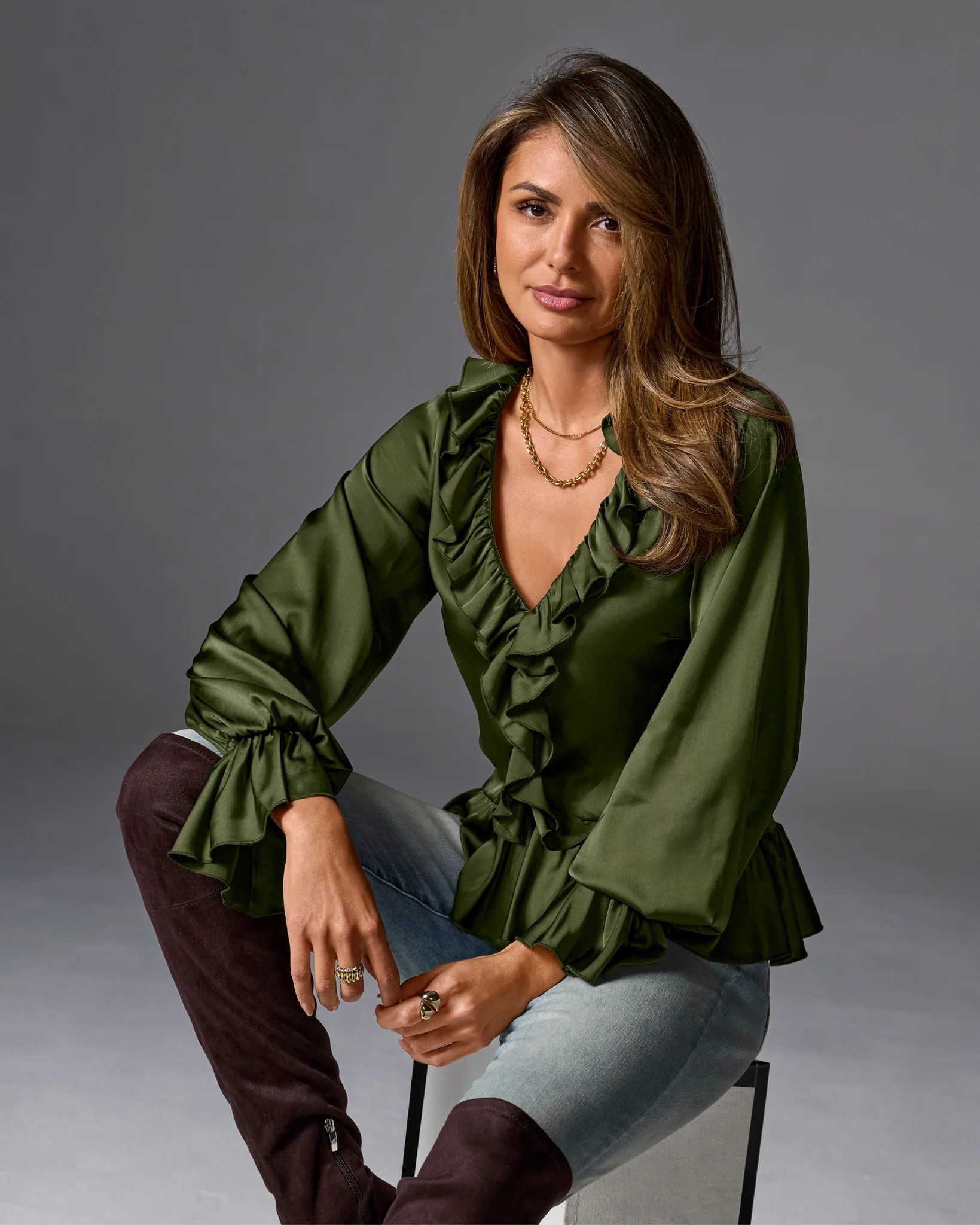 Paige Ruffle Charmeuse Blouse Olive Night - Mycitystee