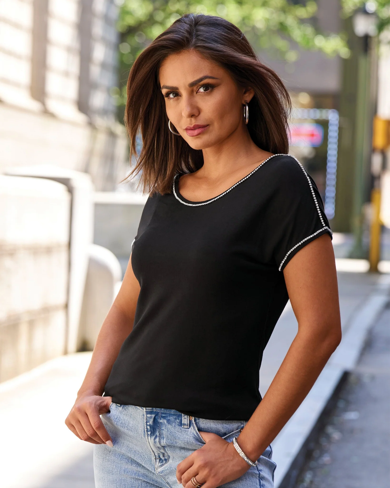 Rhinestone Trim Short-Sleeve Knit Tee Black - Mycitystee