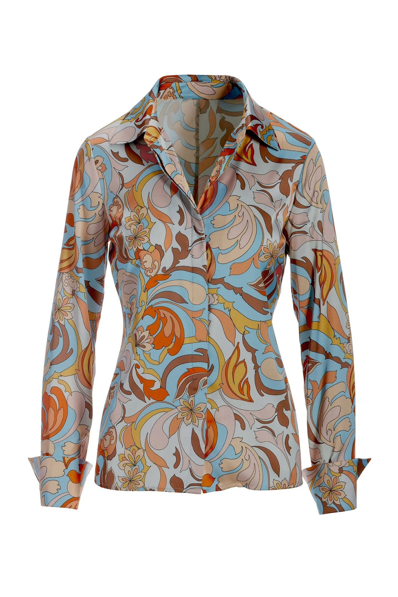 Folk Favorite Print Sophia Button Up Charmeuse Blouse Blue Multi - Mycitystee