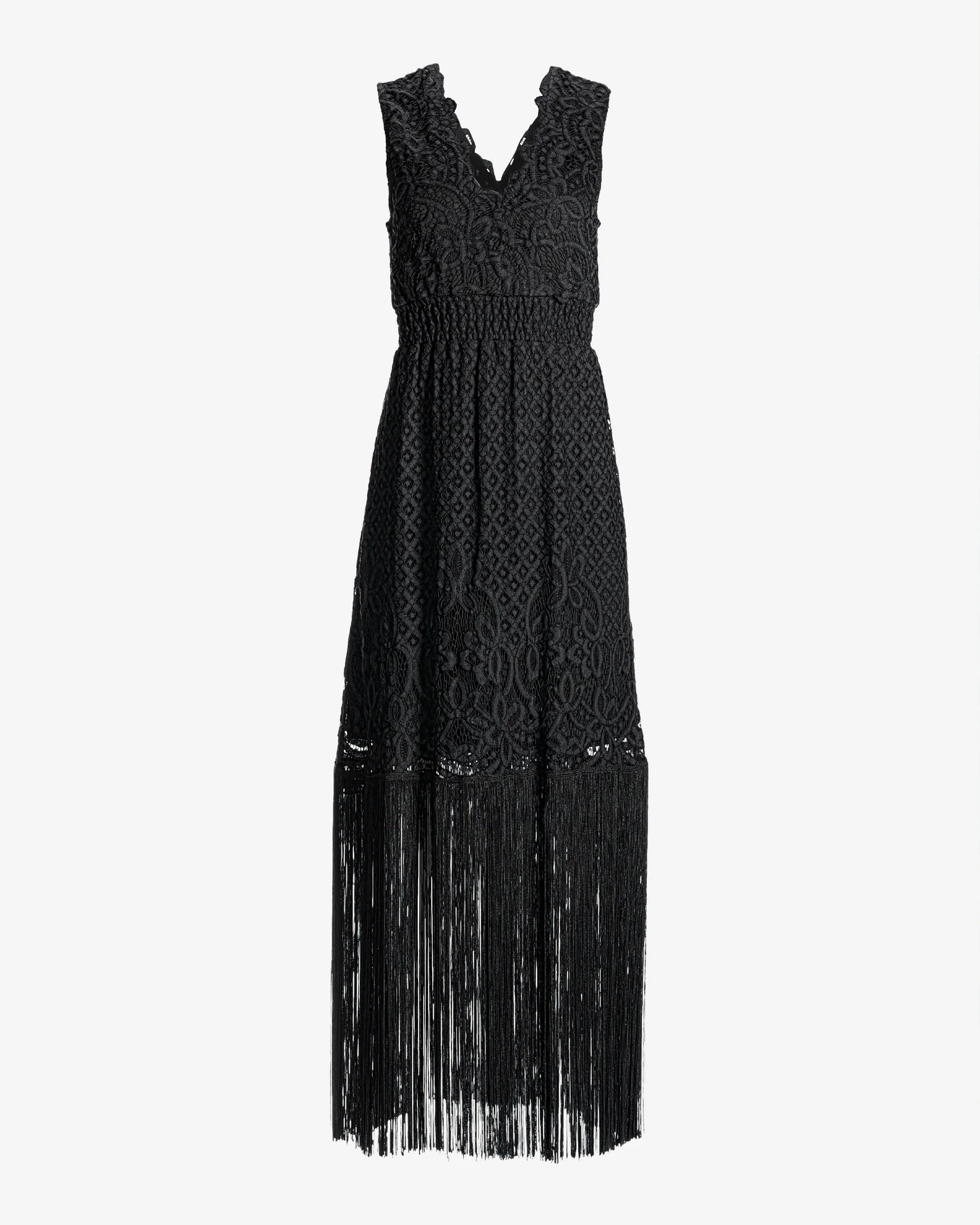 Lace V Neck Fringe Dress Black - Mycitystee