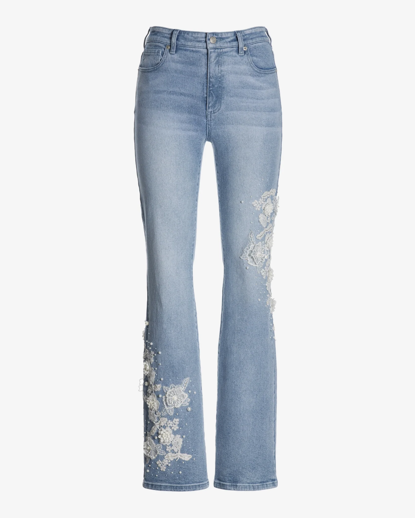 Monterey Floral Lace and Pearls Bootcut Jean Denim Blue/White - Mycitystee