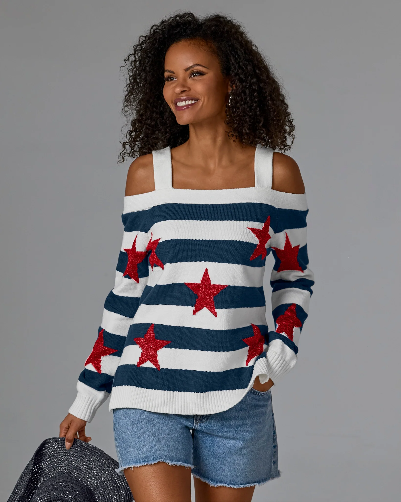 Cold Shoulder Printed Sweater Red White and Beautiful - Mycitystee