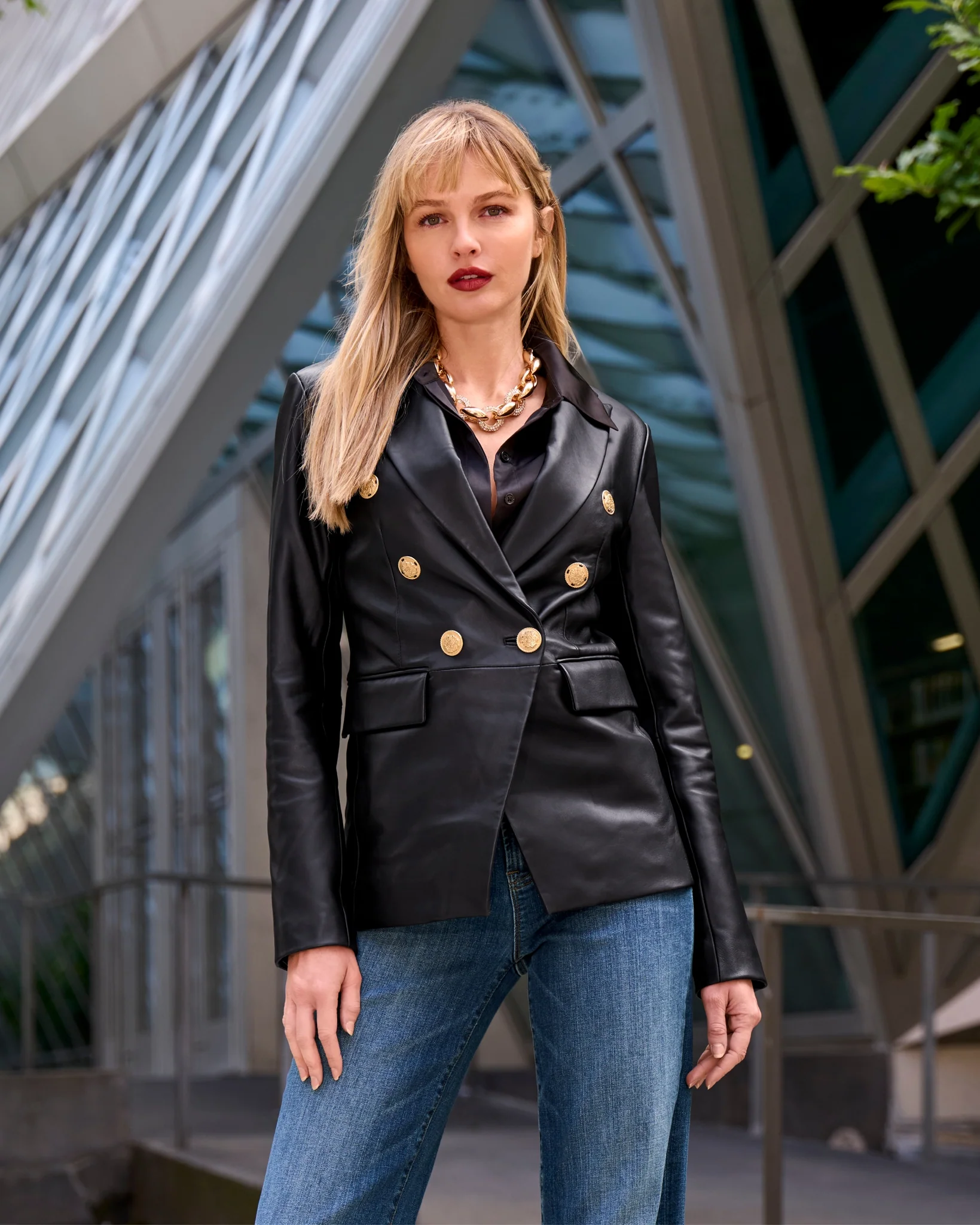 Genuine Leather Double Breasted Blazer Black - Mycitystee