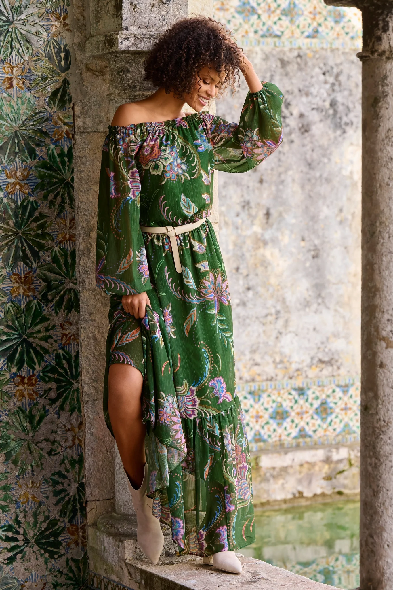 OTS Scrolling Fleurs Tiered Maxi Green - Mycitystee