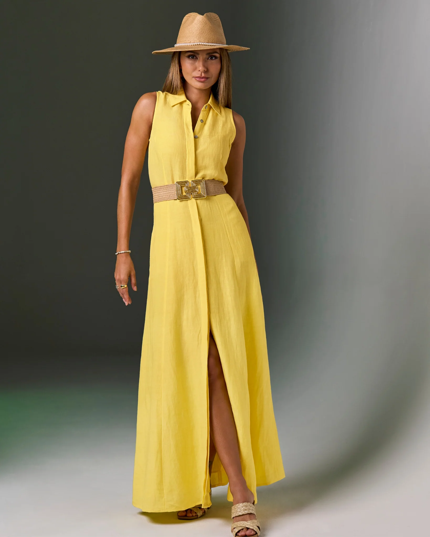 Sleeveless Linen Maxi Shirt Dress Lemon Drop - Mycitystee