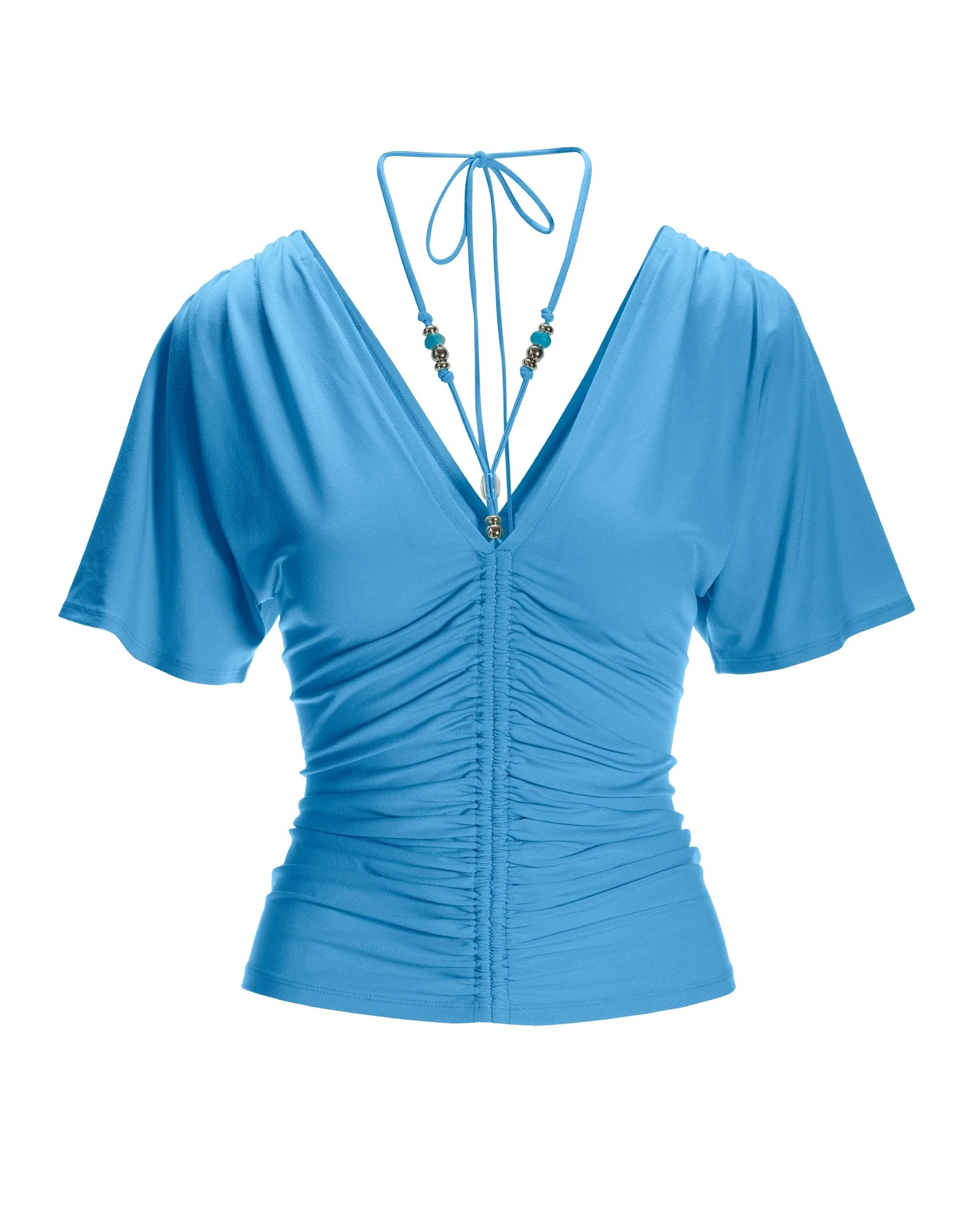 So Chic Beaded Ruched Strappy Top Sky Blue - Mycitystee