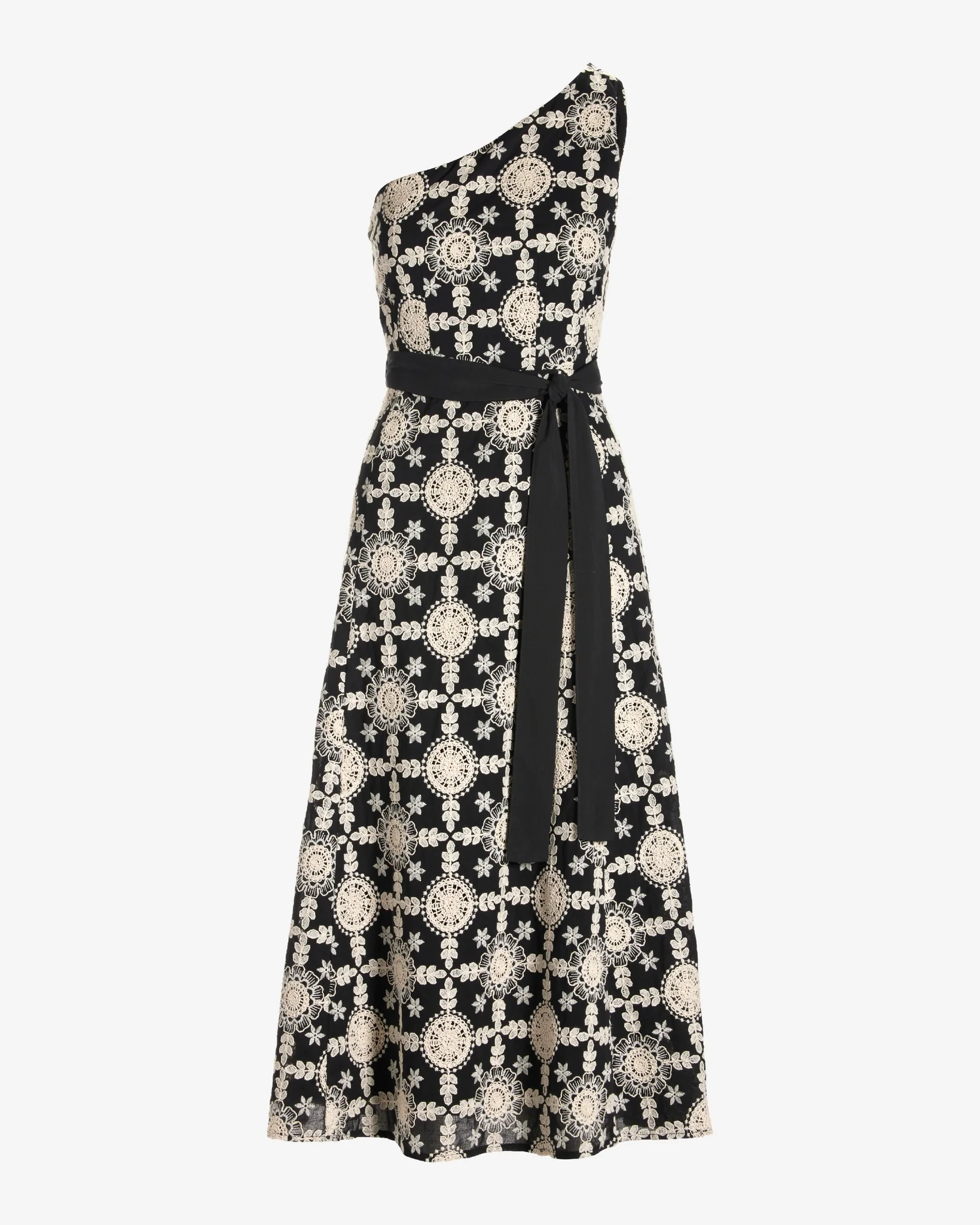 One Shoulder Crochet Inset Fit and Flare Dress Black - Mycitystee