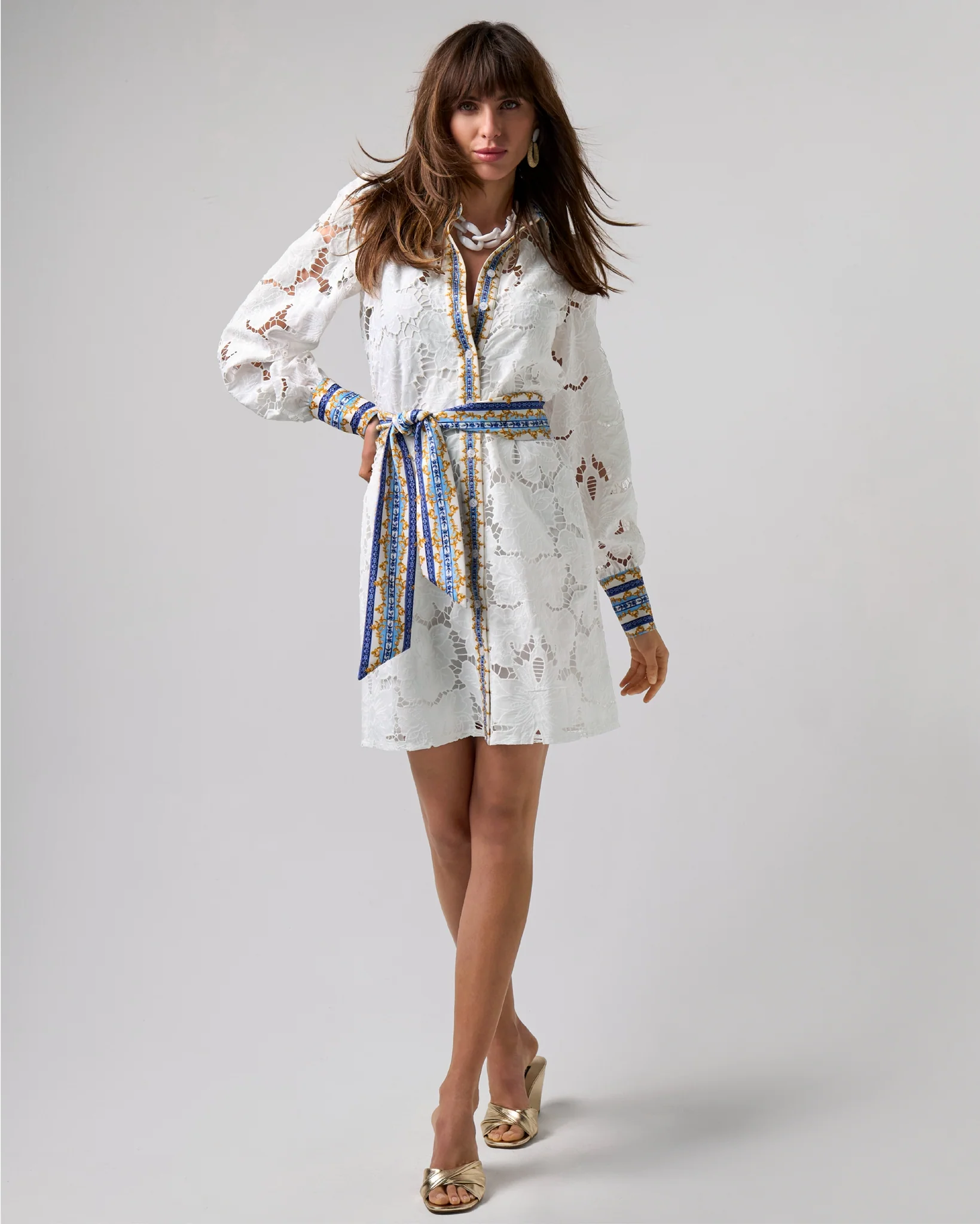 Status Print Collared Lace Shirt Dress Filagree Borders - Mycitystee