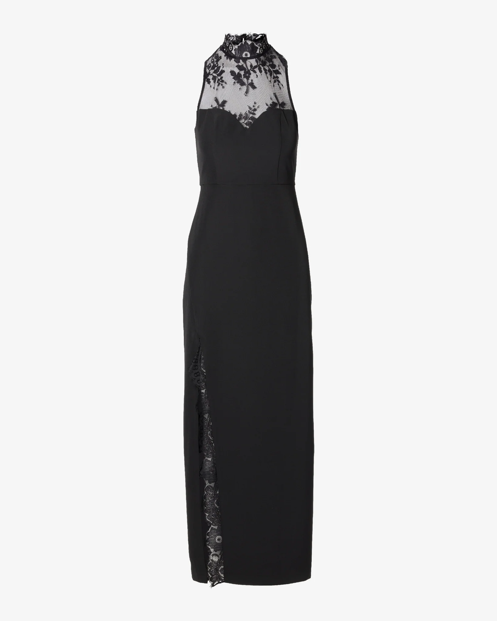 Delicate Lace Mock Neck Slit Maxi Dress Black - Mycitystee